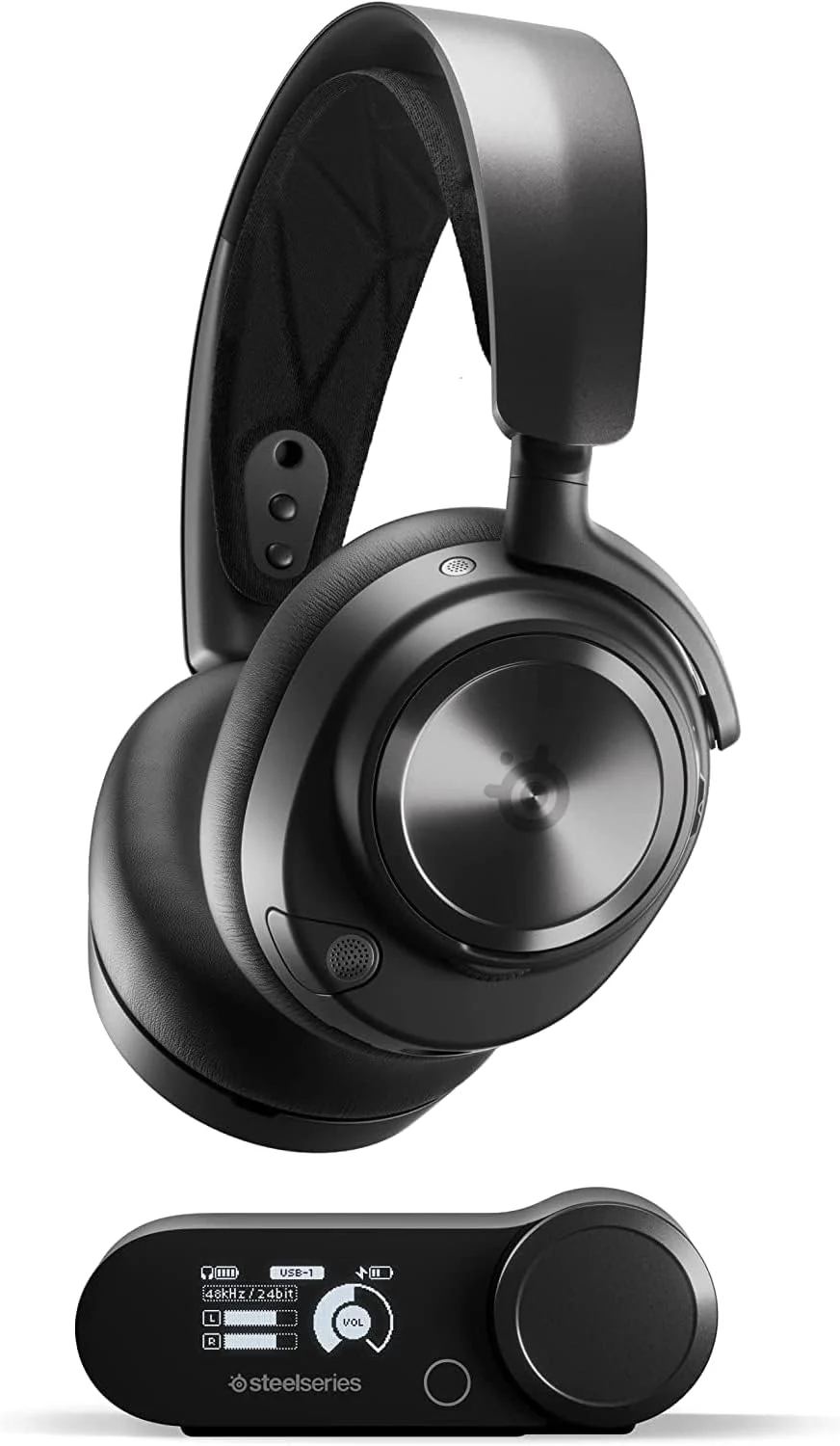 هدست گیمینگ بی‌سیم چند سیستمه SteelSeries Arctis Nova Pro - درایورهای مغناطیسی نئودیمیوم - حذف نویز فعال - سیستم قدرت بی‌نهایت - میکروفون ClearCast Gen 2 - PS5، PS4، PC، Switch، Mobile