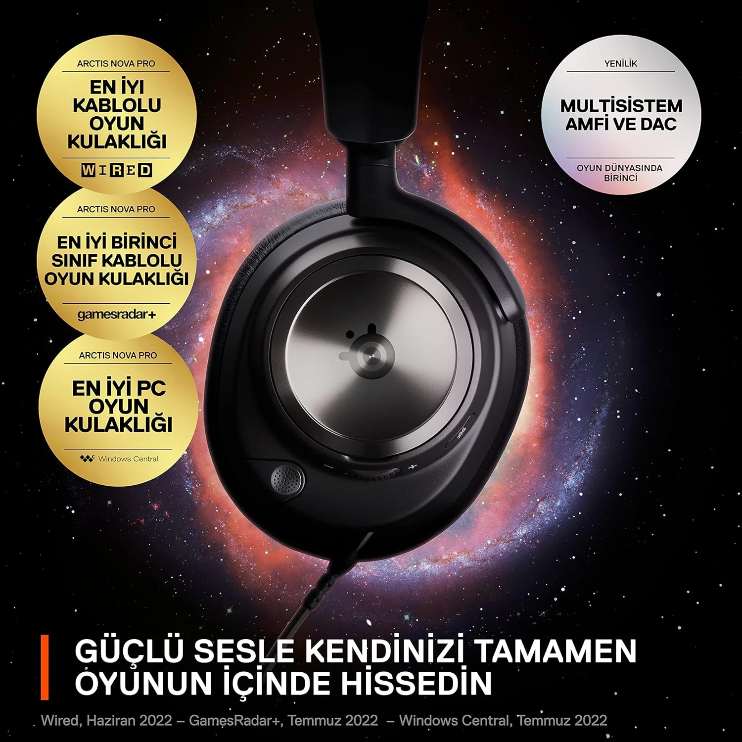 هدست گیمینگ چند منظوره SteelSeries Arctis Nova Pro - درایورهای Hi-Fi ممتاز - صدای Hi-Res - صدای فضایی 360 درجه - GameDAC Gen2 - میکروفون جمع شونده مخفی - PC، PS5/PS4، Switch