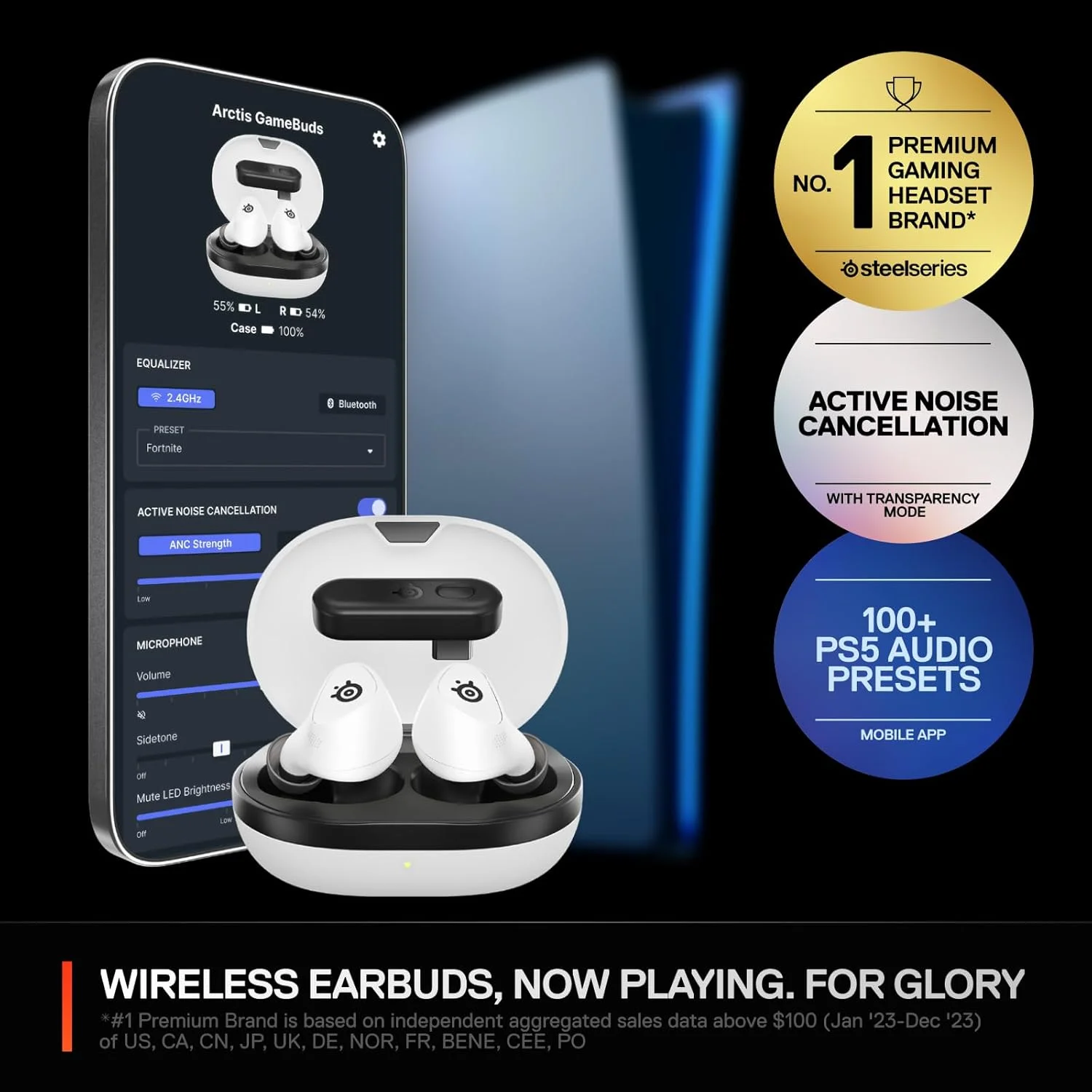 گوشی‌های گیمینگ بی‌سیم SteelSeries Arctis GameBuds™ برای پلی‌استیشن - 2.4GHz + BT 5.3 - ANC/Transparency - مقاوم در برابر آب IP55 - باتری 40 ساعته - شارژ بی‌سیم - PS5، PC، سوییچ، موبایل - سفید