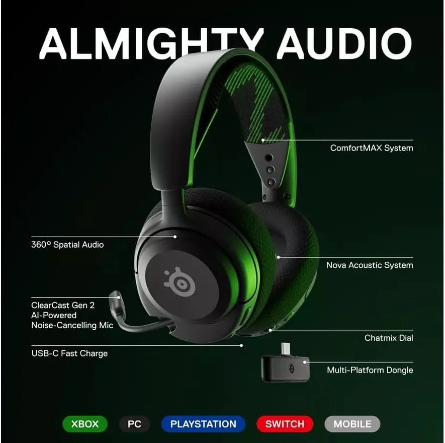هدست گیمینگ بیسیم چند پلتفرمی SteelSeries Arctis Nova 4X — صدای فضایی 360 درجه — بیسیم پرسرعت 2.4 گیگاهرتز — باتری 36 ساعته — USB-C — میکروفون ClearCast Gen 2 — Xbox Series X|S, PC, PS5, Switch هدست گیمینگ بیسیم چند پلتفرمی SteelSeries Arctis Nova 4X — صدای فضایی 360 درجه — بیسیم پرسرعت 2.4 گیگاهرتز — باتری 36 ساعته — USB-C — میکروفون ClearCast Gen 2 — Xbox Series X|S, PC, PS5, Switch