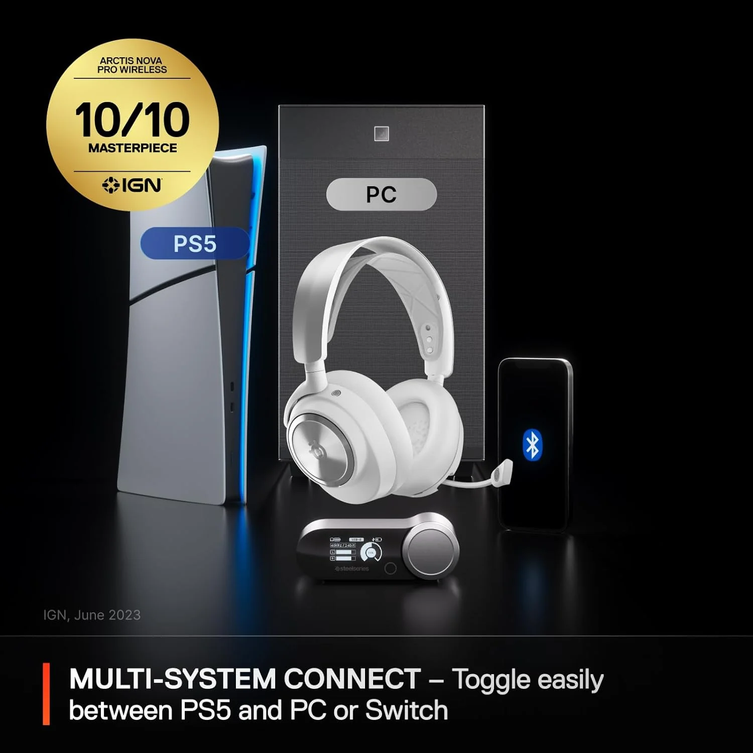 هدست گیمینگ بی سیم چند سیستمی SteelSeries Arctis Nova Pro - درایورهای مغناطیسی نئودیمیوم - حذف نویز فعال - سیستم قدرت بی نهایت - میکروفون نسل 2 - PS5، PS4، PC، Switch، موبایل - سفید