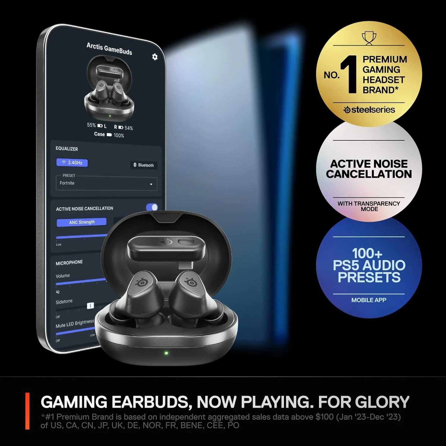 هدفون گیمینگ بی‌سیم Steelseries Arctis GameBuds مخصوص پلی استیشن - 2.4GHz + BT5.3 - حالت ANC/شفافیت - ضد آب IP55 - 40 ساعت عمر باتری - شارژ بی‌سیم