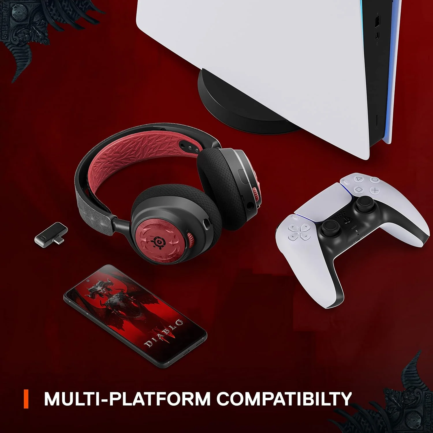هدست گیمینگ بی‌سیم چند پلتفرمی SteelSeries Arctis Nova 7 – نسخه Diablo® IV – بی‌سیم دوگانه 2.4 گیگاهرتز و بلوتوث – باتری با شارژ سریع 38 ساعته – PC، PS، Mac، موبایل، سوییچ – آیتم رایگان درون بازی