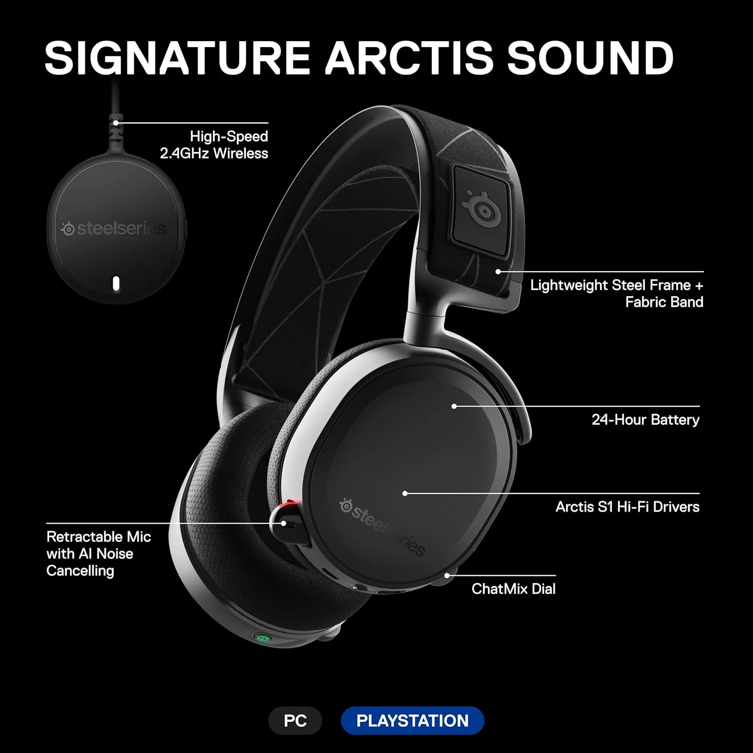 هدست گیمینگ بی‌سیم SteelSeries Arctis 7 با صدای فراگیر DTS Headphone: X v2.0 برای PC و PlayStation 4 - مشکی، 61505، B07FZVXS8H