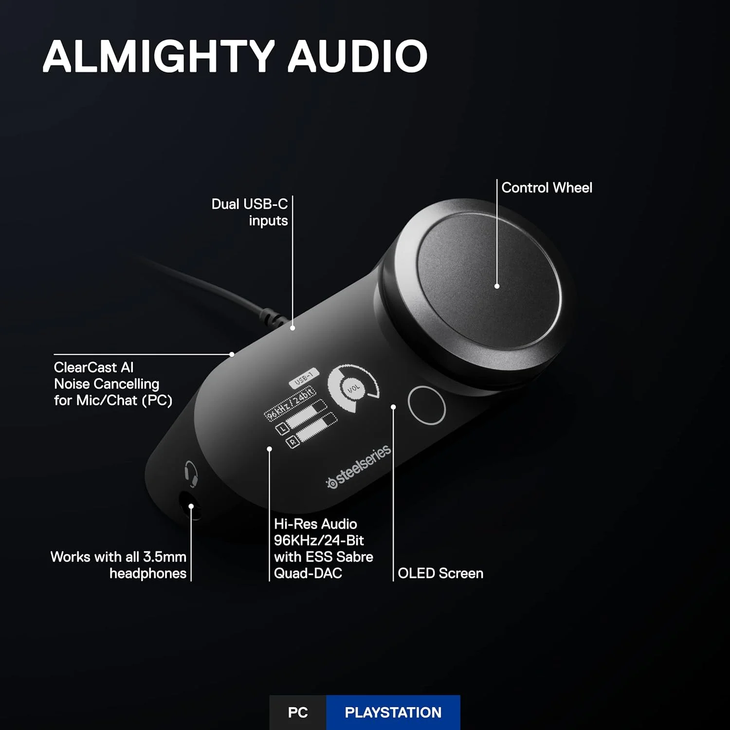 تقویت کننده صدای استیل سریز GameDAC Gen 2 دارای گواهینامه Hi-Res - آمپلی فایر صوتی 24 بیت/96 کیلوهرتز - ESS Sabre Quad-DAC - حذف نویز هوش مصنوعی - صدای فضایی 360 درجه - USB دوگانه - PC، PS5، PS4 - ارتقاء هر هدست 3.5 میلی متری