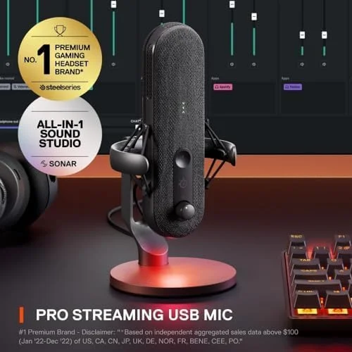 میکروفون USB SteelSeries Alias برای کامپیوتر - کپسول 3 برابر بزرگتر برای بازی، استریم و پادکست - نرم افزار صوتی Sonar for Streamers - حذف نویز هوش مصنوعی - بی صدا کردن LED و نظارت بر سطح - پایه ضد لرزش - مشکی