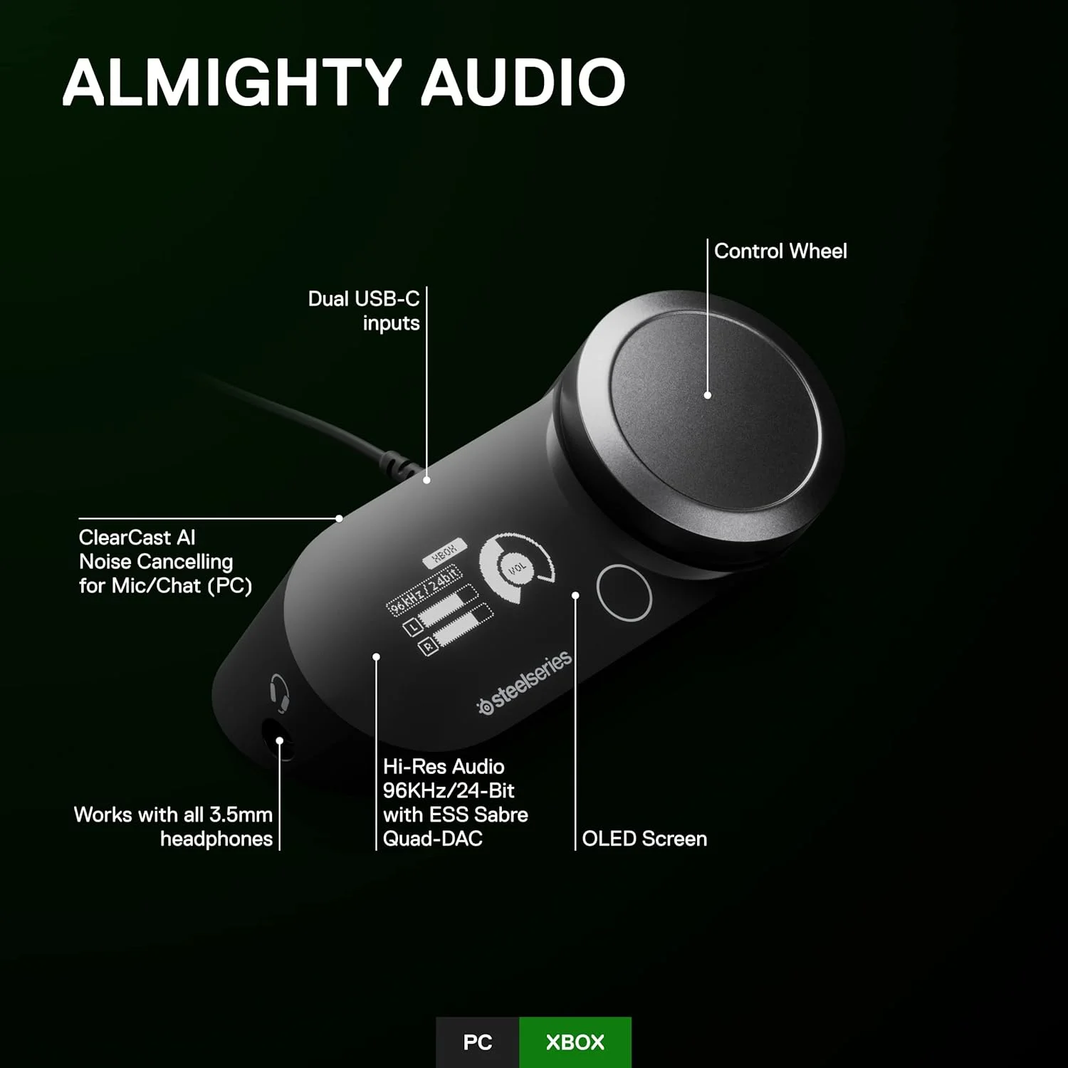 تقویت کننده صدای با وضوح بالا SteelSeries GameDAC Gen 2 - ESS Sabre Quad-DAC - حذف نویز هوش مصنوعی - صدای فضایی 360 درجه - دارای گواهی Hi-Res - PC, Xbox, PS5, PS4