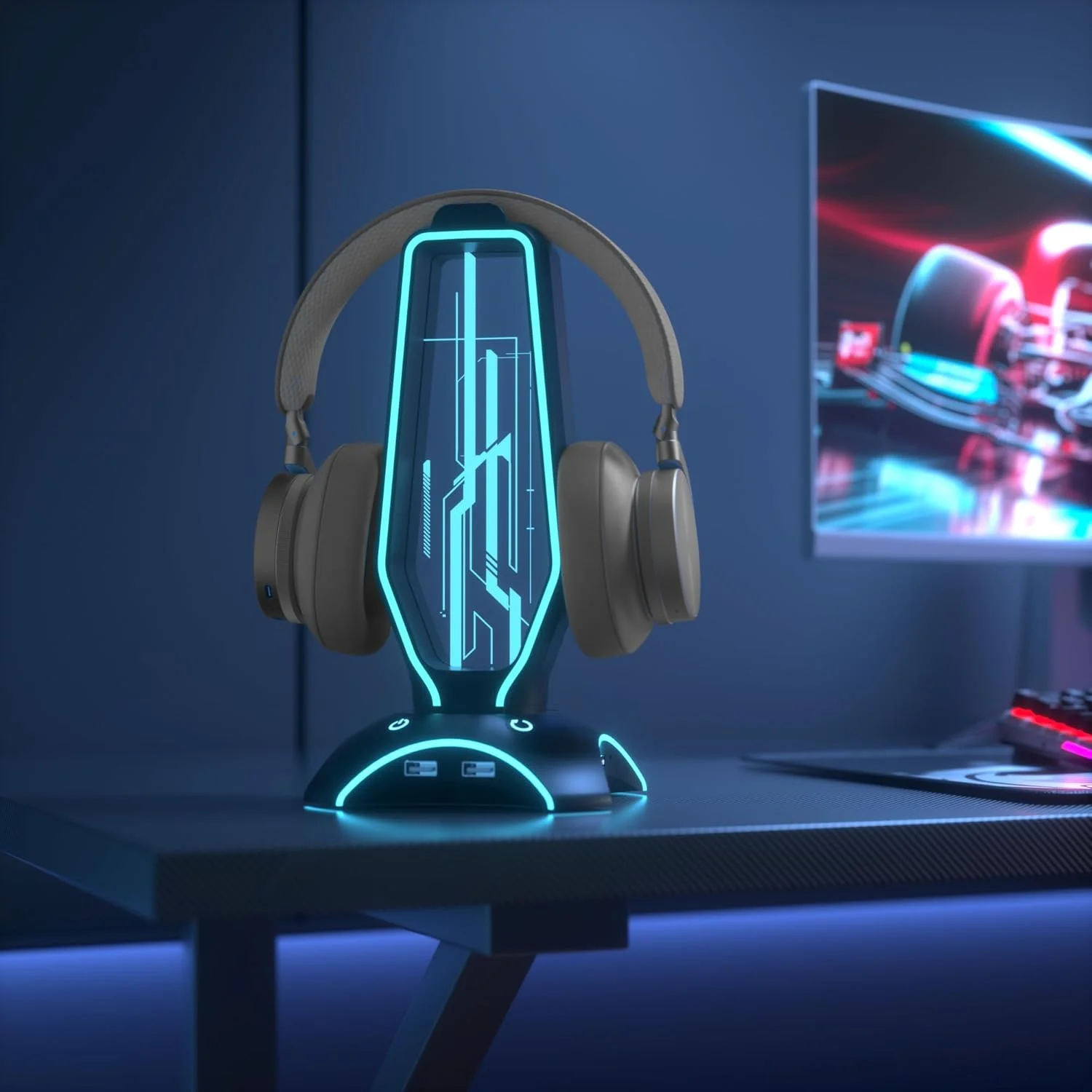 پایه نگهدارنده هدست گیمینگ مشکی RGB با 3 پورت USB - دارای 6 رنگ نور LED و حالت تنفسی، نگهدارنده بادوام هدفون برای میز، لوازم جانبی عالی بازی