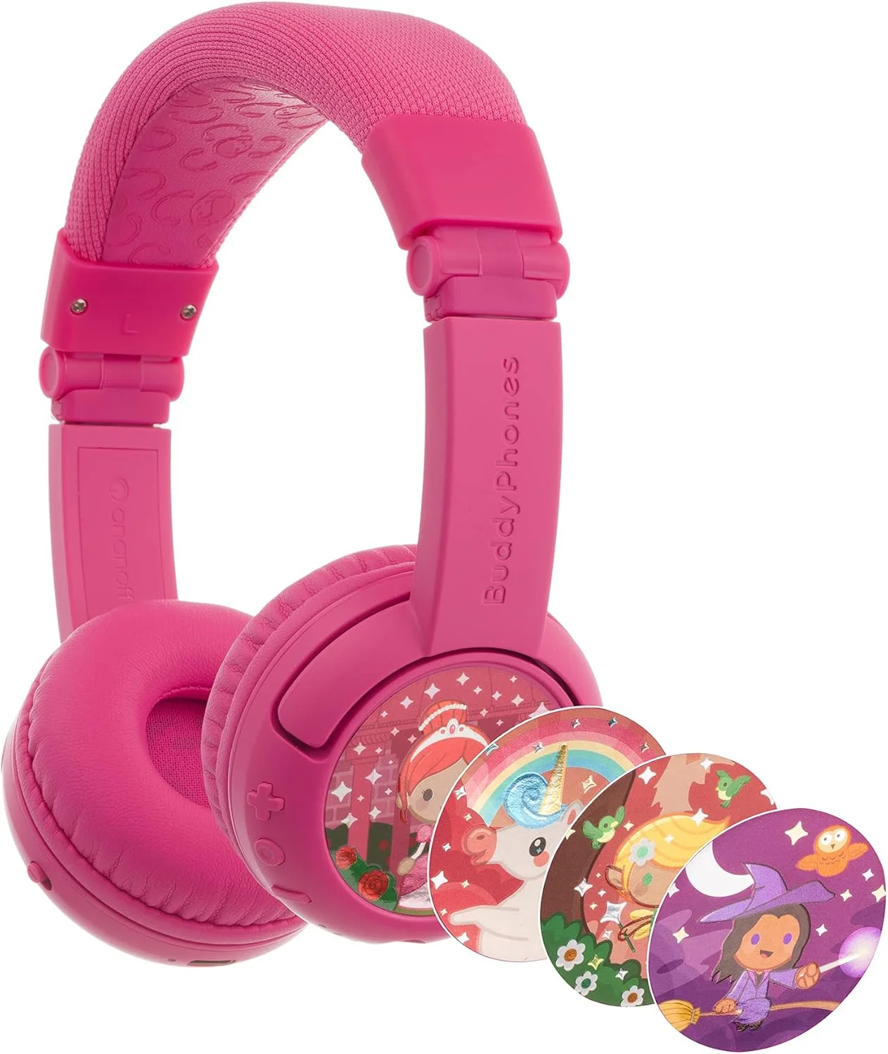 هدست بی‌سیم بلوتوثی BuddyPhones ONANOFF Play+ برای کودکان، با محدودکننده صدا، عمر باتری ۲۰ ساعته، ۳ حالت صدا، رنگ صورتی، مدل BT-BP-PLAYP-PINK، استاندارد