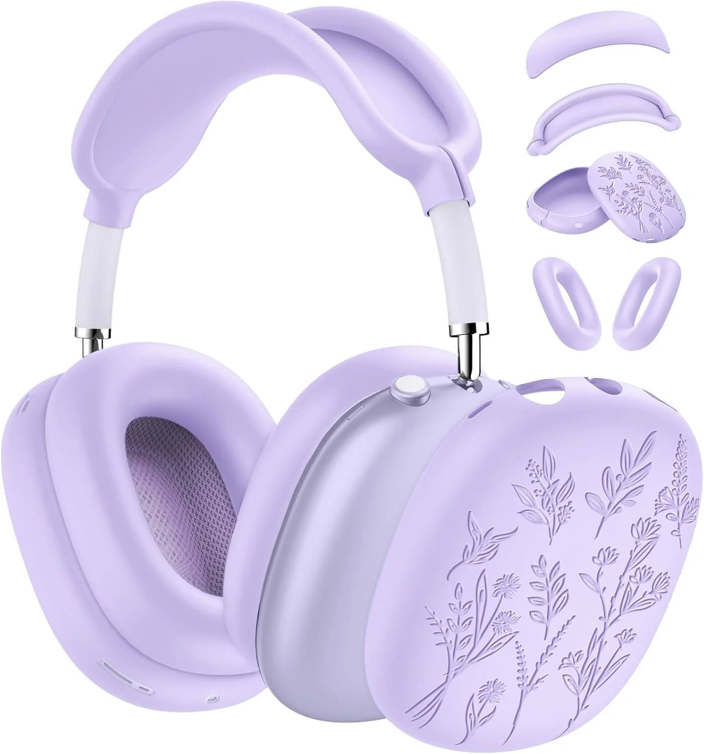 کاور سیلیکونی حکاکی شده طرح گل برای ایرپادز مکس USB-C (2024)، کاور محافظ ضد خش و ضد عرق پد گوشی / کاور کاپ گوشی / کاور هدبند، لوازم جانبی هدفون ایرپادز مکس (بنفش)