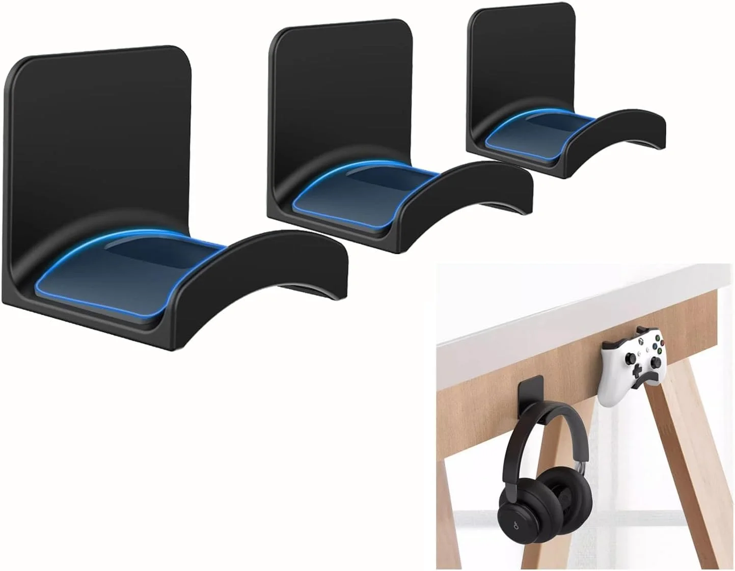 ست 3 عددی آویز هدفون، قلاب زیر میز و نصب دیواری، پایه هدفون برای سنهایزر، سونی، بوز، بیتس، هدفون های گیمینگ و لوازم جانبی - ذخیره سازی چند منظوره ارگونومیک (مشکی)