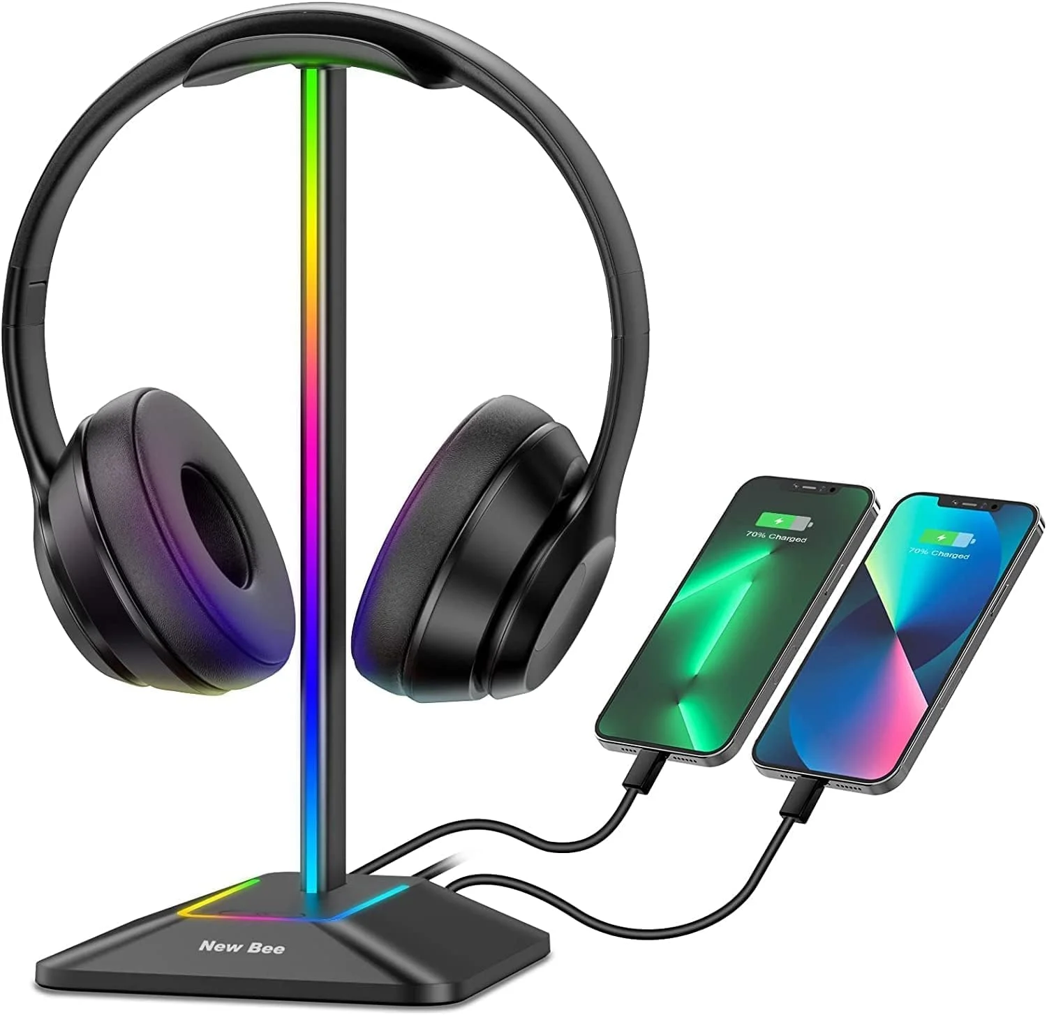 پایه نگهدارنده هدفون با نورپردازی RGB، دارای 1 پورت شارژ USB-C و 1 پورت شارژ USB، هولدر رومیزی هدست گیمینگ، 7 حالت نورپردازی و پایه سیلیکونی ضد لغزش برای تمام لوازم جانبی هدفون