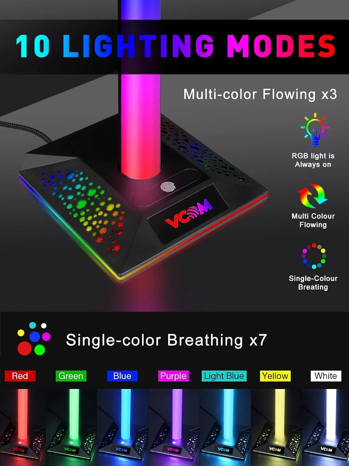پایه نگهدارنده هدفون RGB وی-کام با 10 حالت نورپردازی، استند دسته بازی با 2 پورت USB، لوازم جانبی گیمینگ کامپیوتر برای میز، سازمان دهنده جهانی هدست/استند دسته بازی Xbox PS5، هدیه گیمر - تصویر 2