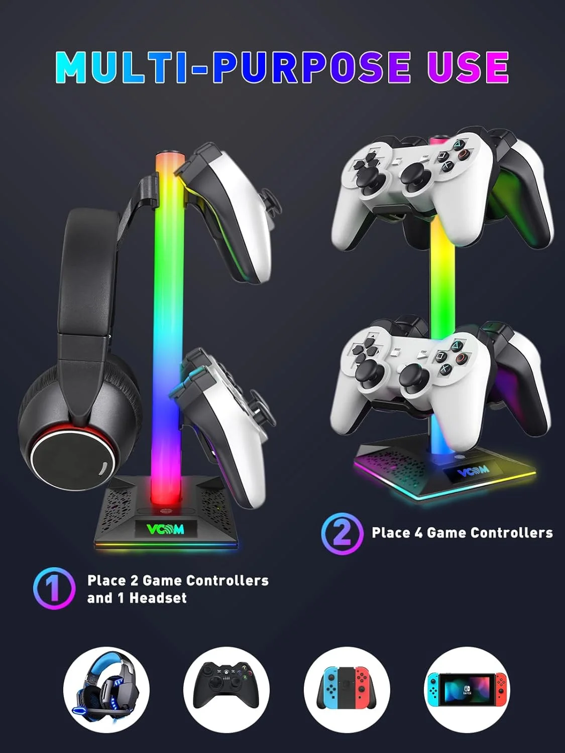 پایه نگهدارنده هدفون RGB وی-کام با 10 حالت نورپردازی، استند دسته بازی با 2 پورت USB، لوازم جانبی گیمینگ کامپیوتر برای میز، سازمان دهنده جهانی هدست/استند دسته بازی Xbox PS5، هدیه گیمر - تصویر 3