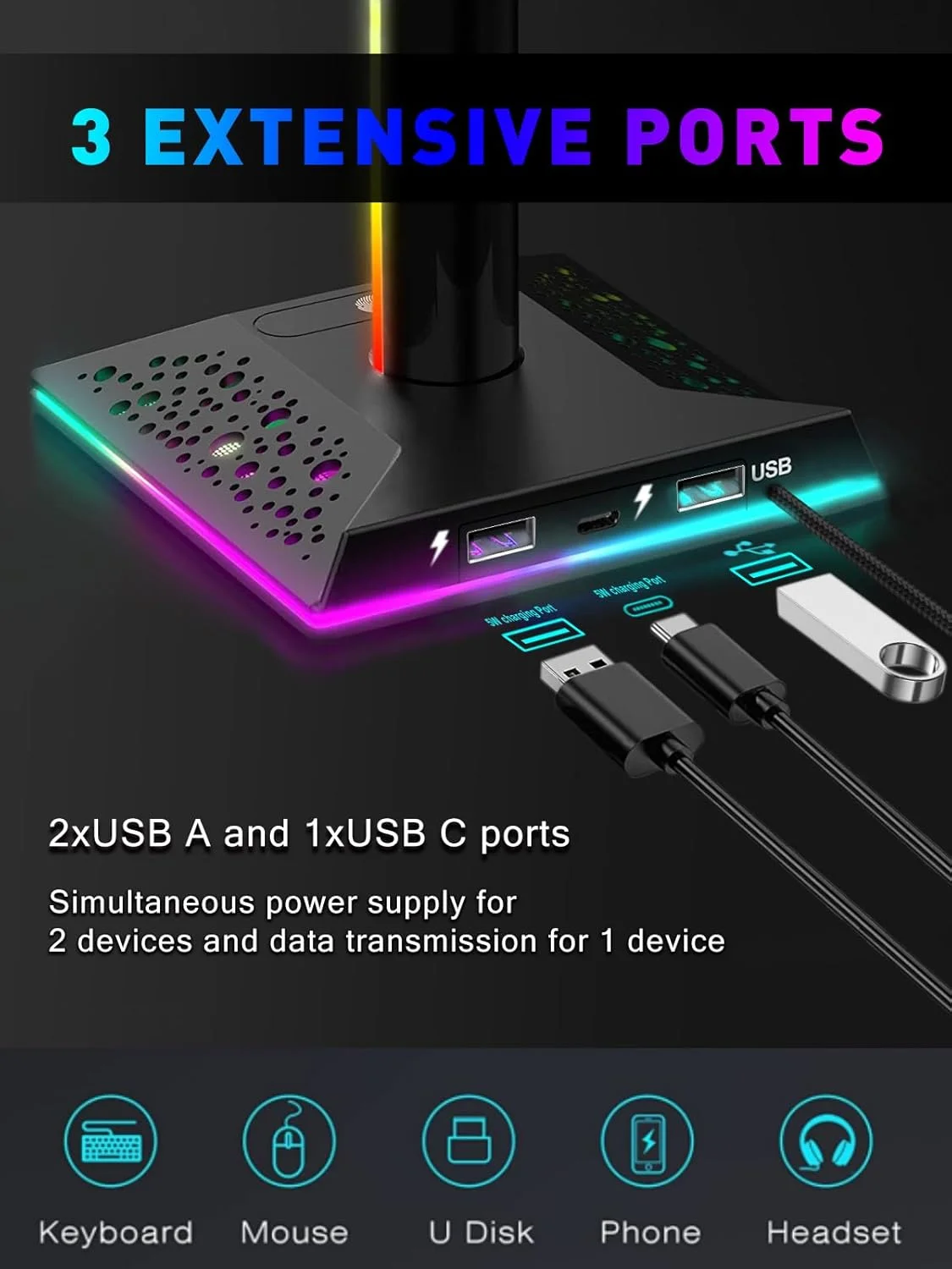 پایه نگهدارنده هدفون RGB ویکام با پورتهای USB و Type-C، نگهدارنده دسته بازی با 10 حالت نورپردازی و قابلیت حافظه، مناسب برای گیمر، دسته Xbox PS5، لوازم جانبی هدفون بازی PC (مشکی) - تصویر 3 پایه نگهدارنده هدفون RGB ویکام با پورتهای USB و Type-C، نگهدارنده دسته بازی با 10 حالت نورپردازی و قابلیت حافظه، مناسب برای گیمر، دسته Xbox PS5، لوازم جانبی هدفون بازی PC (مشکی) - تصویر 3