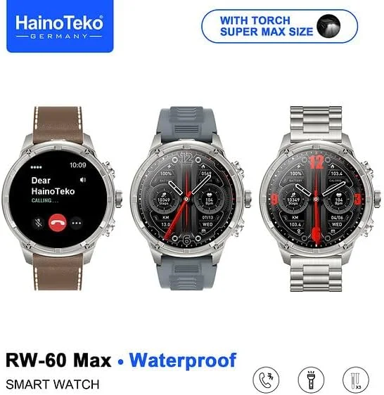 ساعت هوشمند گرد HainoTeko RW-60 Super Max با سایز بزرگ به همراه 3 بند | ساعت هوشمند ضد آب با چراغ قوه برای آقایان (نقره ای) - تصویر 2 ساعت هوشمند گرد HainoTeko RW-60 Super Max با سایز بزرگ به همراه 3 بند | ساعت هوشمند ضد آب با چراغ قوه برای آقایان (نقره ای) - تصویر 2