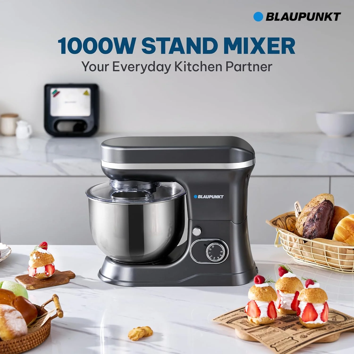 میکسر ایستاده بلواوپانک 1000 وات – 6 سرعته با عملکرد پالس، کاسه استیل ضد زنگ 5 لیتری، قلاب خمیر، همزن، مفتول سیمی، چرخ دنده فلزی، سیستم اختلاط سیاره ای، محافظ پاشش، سر کج شونده – PMS510