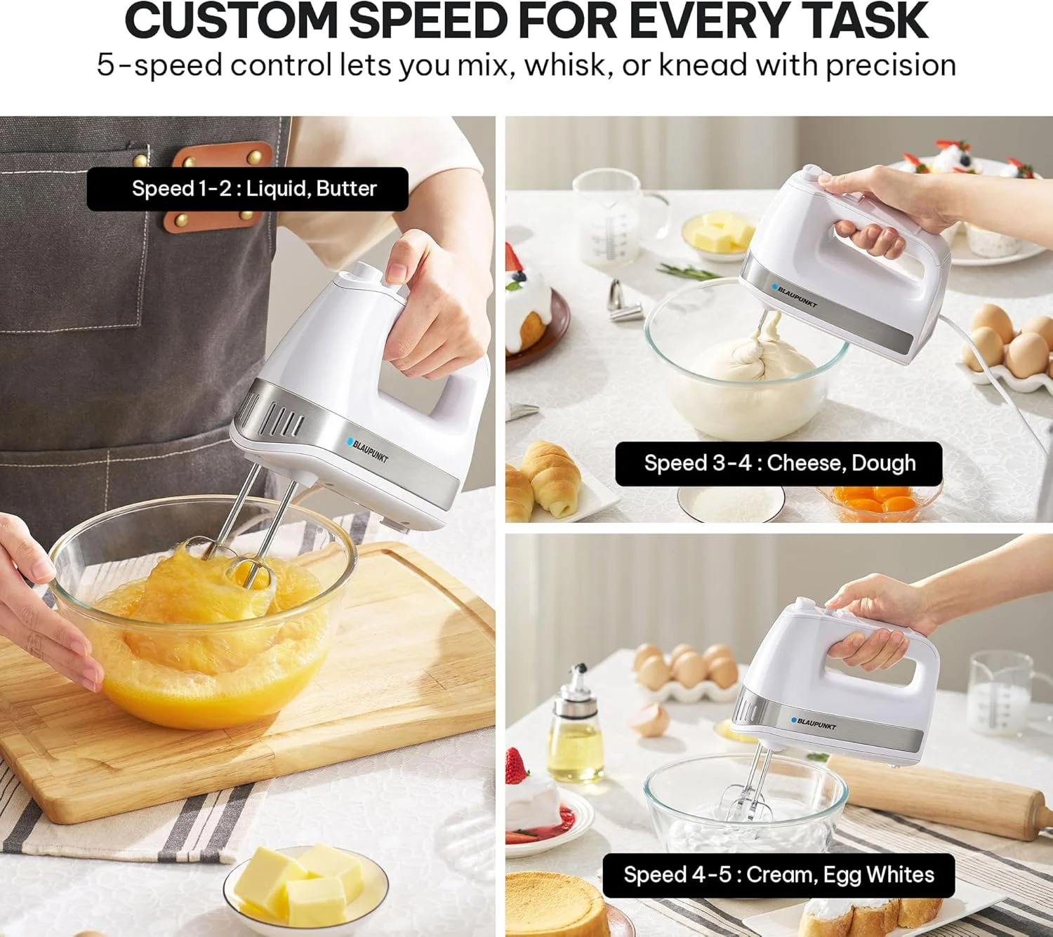 همزن دستی 500 وات Blaupunkt – دارای 5 تنظیم سرعت با عملکرد توربو، 2 عدد همزن و 2 عدد قلاب خمیر، طراحی ارگونومیک، طراحی پایه تخت، دکمه خروج آسان – PMH205