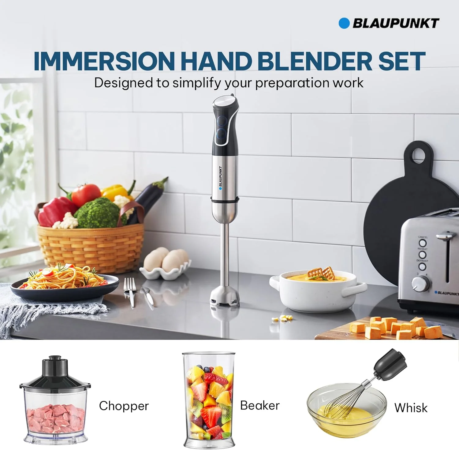 مجموعه مخلوط کن دستی بلانکوپنت 1000 وات - میله و تیغه استیل ضد زنگ، 3 ضمیمه (خردکن، همزن، بشر)، سرعت متغیر، دستگیره ارگونومیک، تمیز کردن آسان، موتور مسی - PCM475