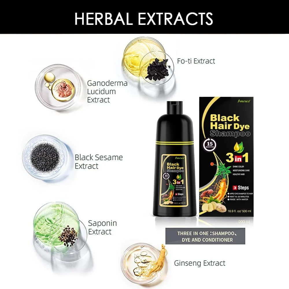 شامپو رنگ مو مشکی برای موهای سفید، شامپو رنگ مو نیمه دائمی برای زنان و مردان، مواد گیاهی و بدون آمونیاک، 3 در 1 - پوشش 100% موهای سفید (500 میلی لیتر) (مشکی) شامپو رنگ مو مشکی برای موهای سفید، شامپو رنگ مو نیمه دائمی برای زنان و مردان، مواد گیاهی و بدون آمونیاک، 3 در 1 - پوشش 100% موهای سفید (500 میلی لیتر) (مشکی)