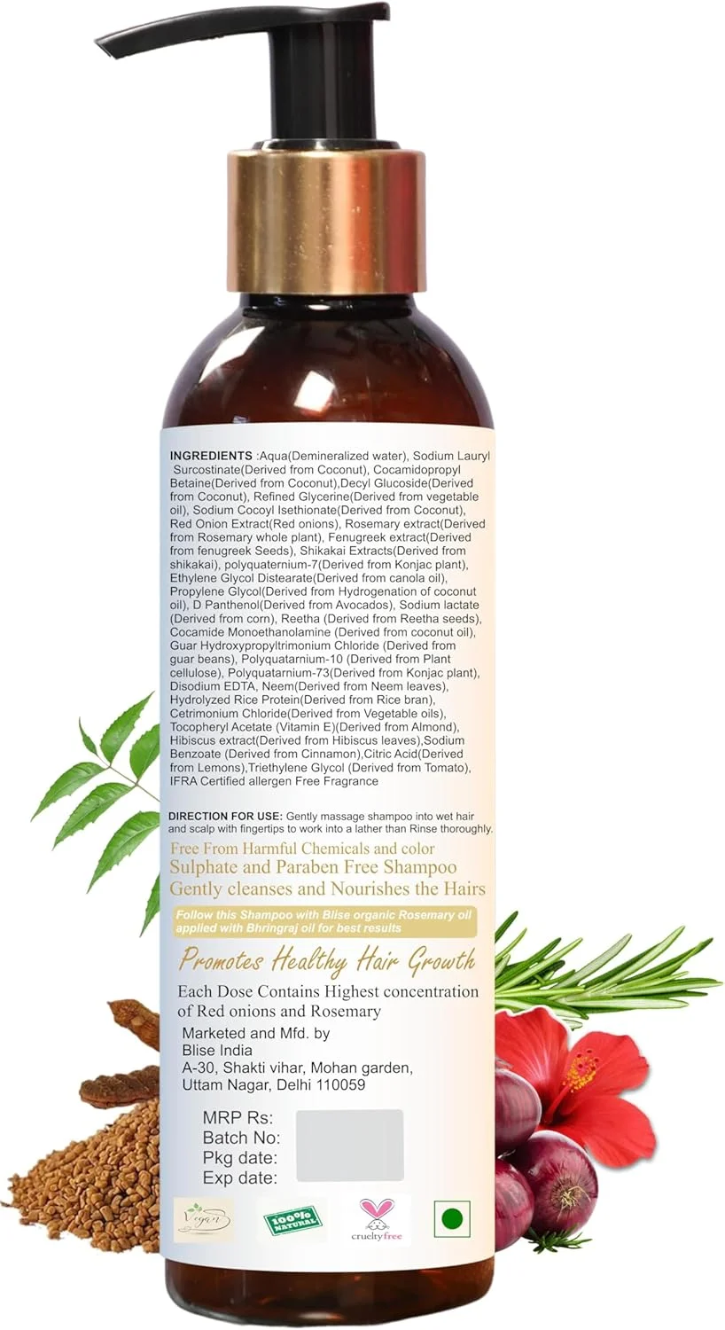 شامپو پیاز و رزماری ارگانیک بلیس برای رشد مو - 100% مواد فعال طبیعی، بدون مواد شیمیایی مضر، بدون سولفات، بدون پارابن، بدون سیلیکون، بدون رنگ های مصنوعی شامپو پیاز و رزماری ارگانیک بلیس برای رشد مو - 100% مواد فعال طبیعی، بدون مواد شیمیایی مضر، بدون سولفات، بدون پارابن، بدون سیلیکون، بدون رنگ های مصنوعی