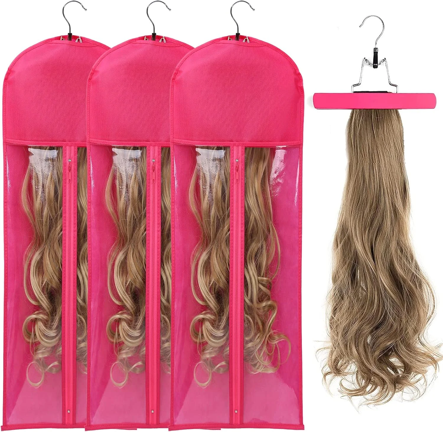 آی هوپستو، بسته 3 عددی کیف نگهداری اکستنشن مو فوق العاده بلند با چوب لباسی چوبی، کیف نگهداری اکستنشن مو با چوب لباسی، ضد گرد و غبار قابل حمل، مناسب با زیپ شفاف برای مو