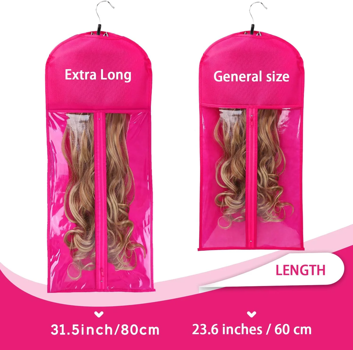 آی هوپستو، بسته 3 عددی کیف نگهداری اکستنشن مو فوق العاده بلند با چوب لباسی چوبی، کیف نگهداری اکستنشن مو با چوب لباسی، ضد گرد و غبار قابل حمل، مناسب با زیپ شفاف برای مو