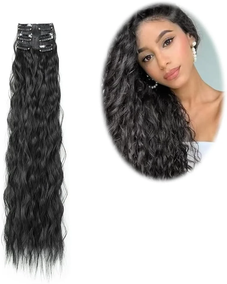 اکستنشن مو کلیپسی آزونه 6 تکه 60 سانتی مشکی، موی مصنوعی بلند و موج دار، اکستنشن کلیپسی سبک و ایمن برای خانم ها