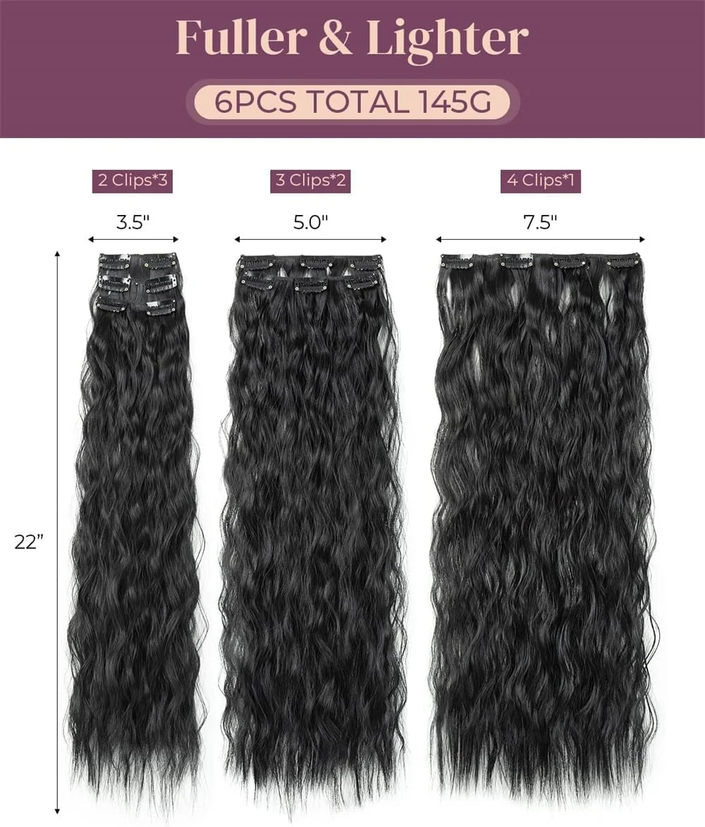 اکستنشن مو کلیپسی آزونه 6 تکه 60 سانتی مشکی، موی مصنوعی بلند و موج دار، اکستنشن کلیپسی سبک و ایمن برای خانم ها