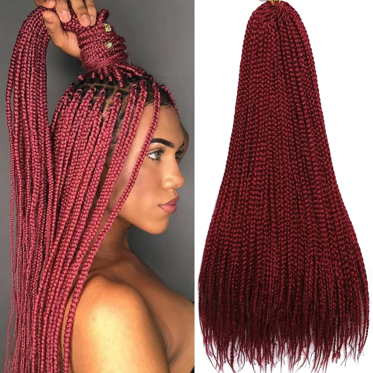 آزونی، ۳ بسته بافت موی جعبه‌ای قلاب بافی الهه، موی بافت جعبه‌ای از قبل حلقه شده، موی بافت مصنوعی بلند (قرمز، 30 اینچ (بسته 3 عددی))