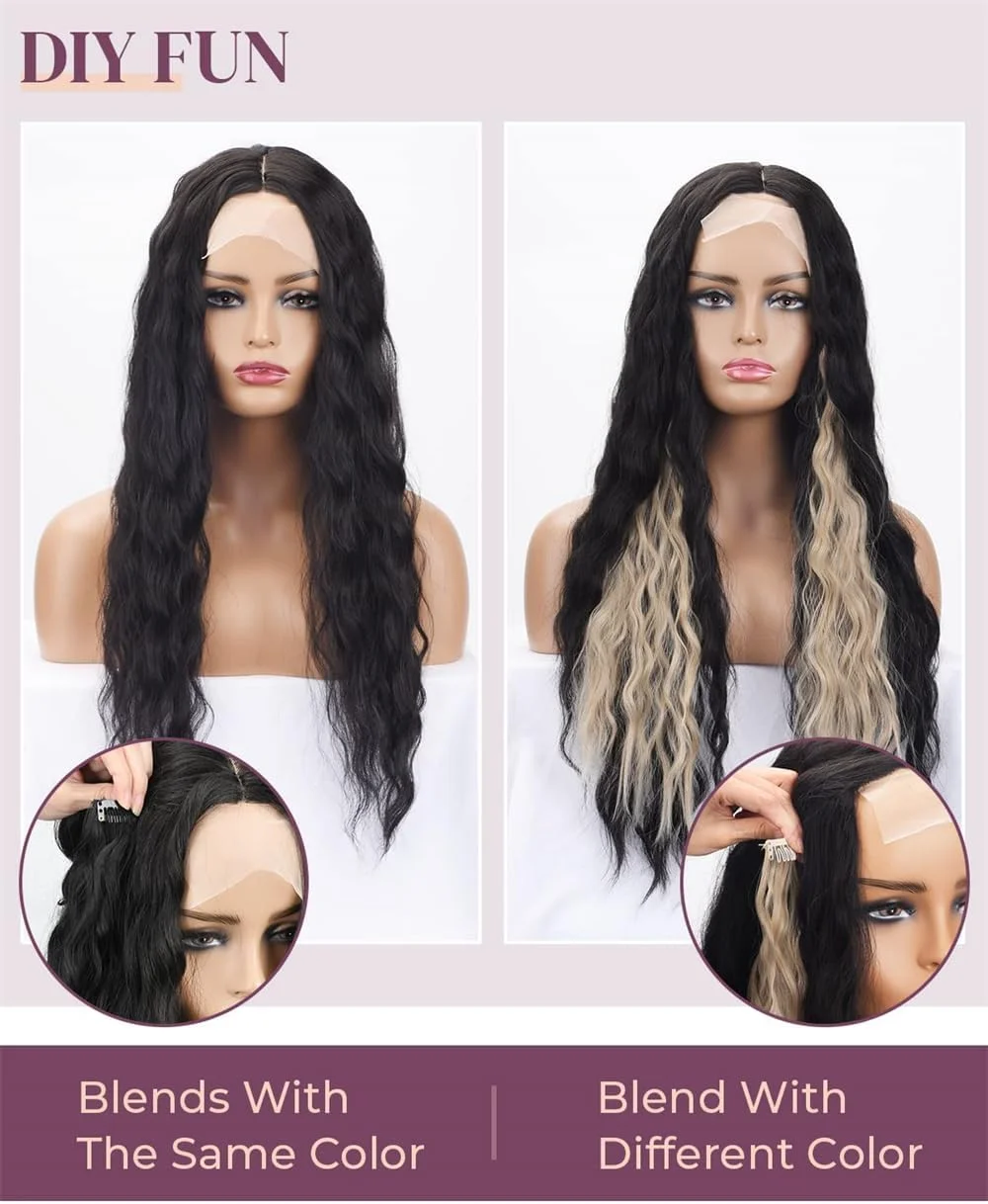 اکستنشن مو کلیپسی آزونه 6 تکه 60 سانتی مشکی، موی مصنوعی بلند و موج دار، اکستنشن کلیپسی سبک و ایمن برای خانم ها