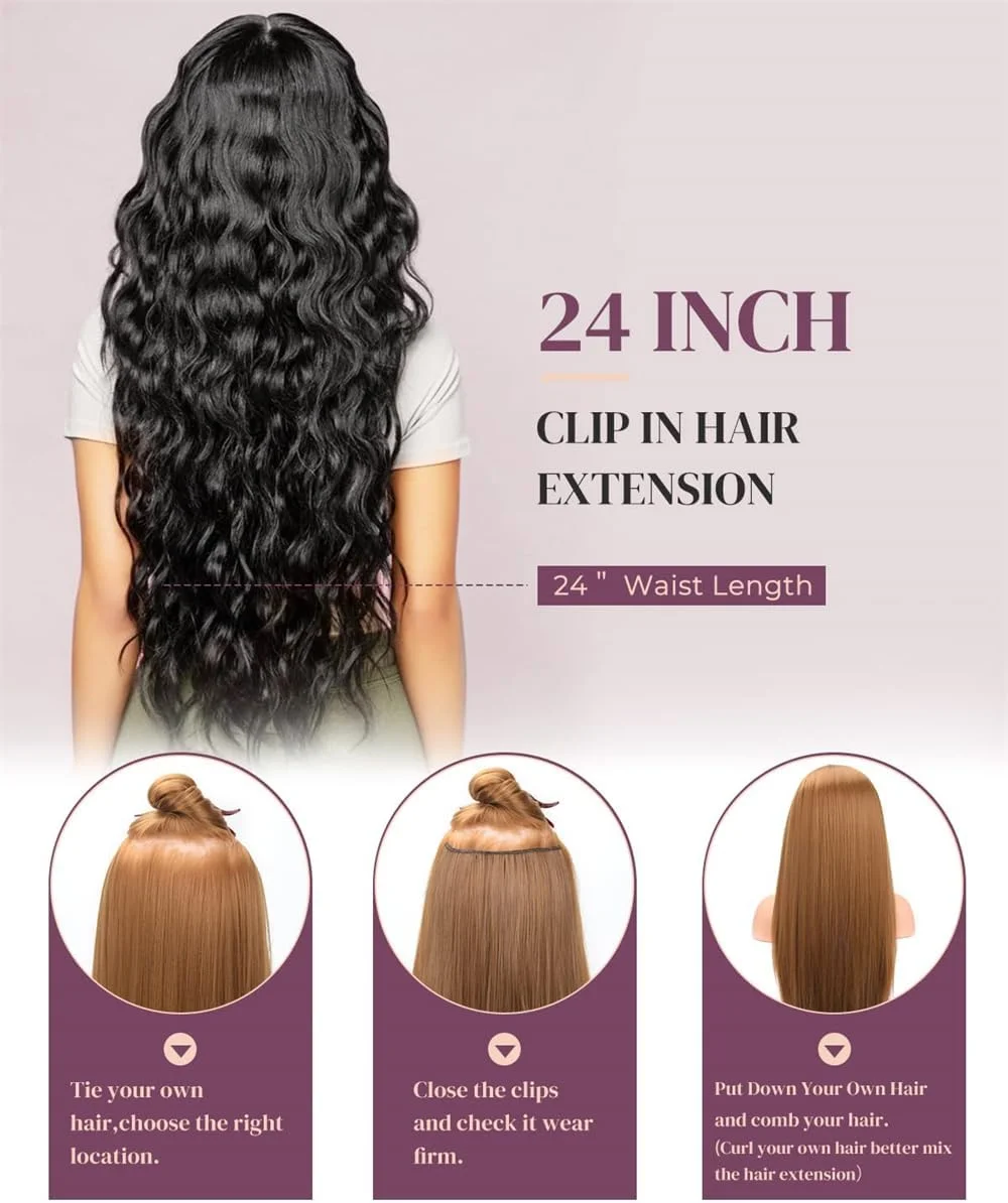 اکستنشن مو کلیپسی آزونه 6 تکه 60 سانتی مشکی، موی مصنوعی بلند و موج دار، اکستنشن کلیپسی سبک و ایمن برای خانم ها