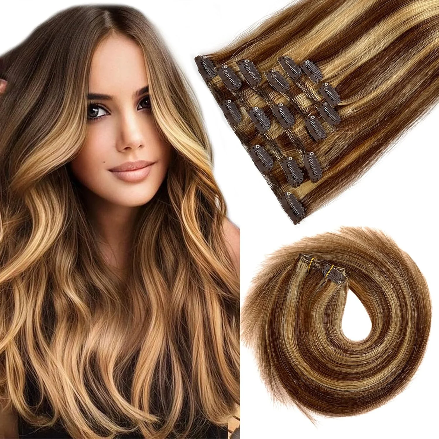 اکستنشن مو گیره ای بالیاژ 70 گرمی قهوه ای شکلاتی ترکیب شده با بلوند کاراملی اکستنشن مو گیره ای موی طبیعی 55 سانتی متری اکستنشن موی زنانه موی واقعی بافت دولایه گیره ای