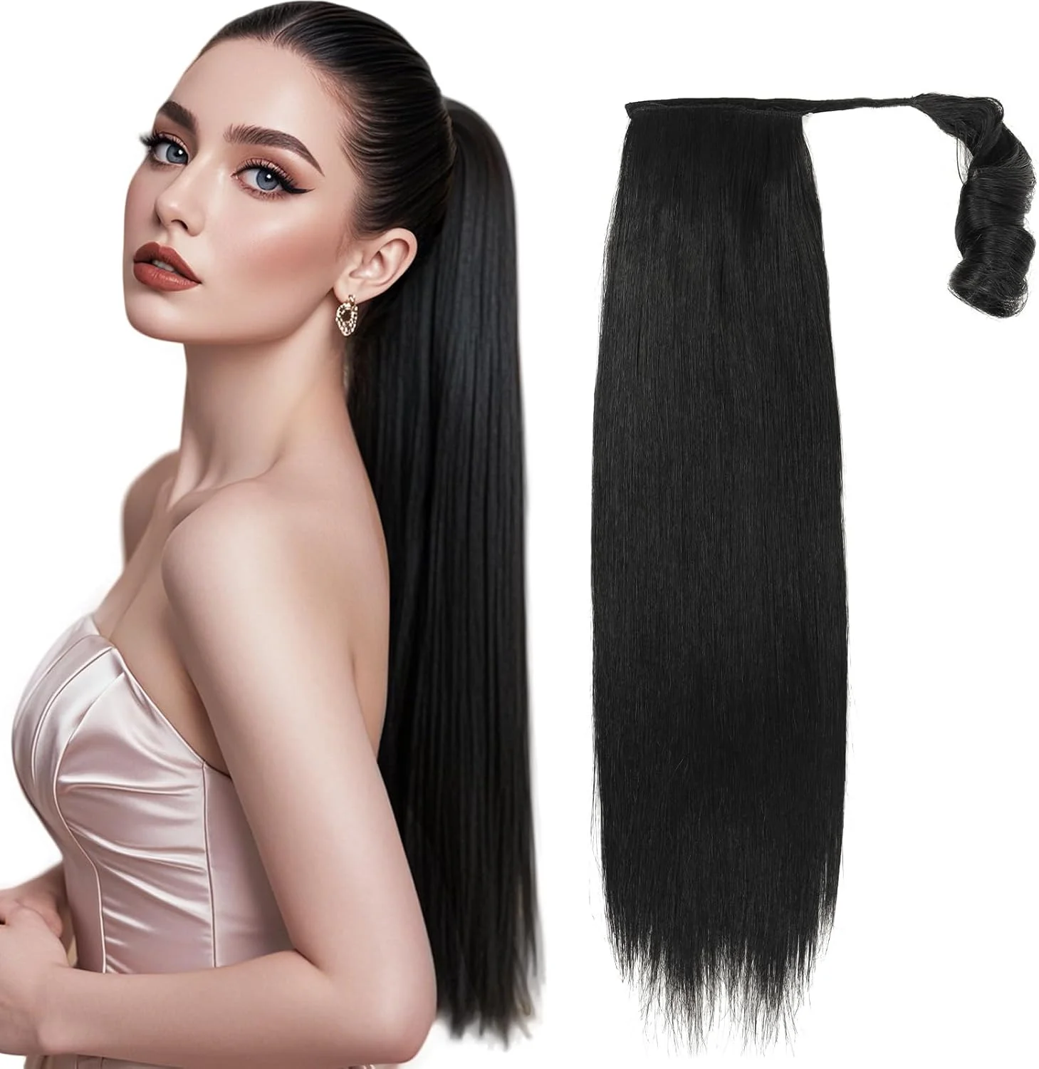 اکستنشن موی دم اسبی BEAUTY ON LINE - اکستنشن موی دم اسبی گیره دار، اکستنشن موی مشکی، موی مصنوعی بلند برای استفاده روزانه زنان (22 اینچ، 130 گرم، 1#)