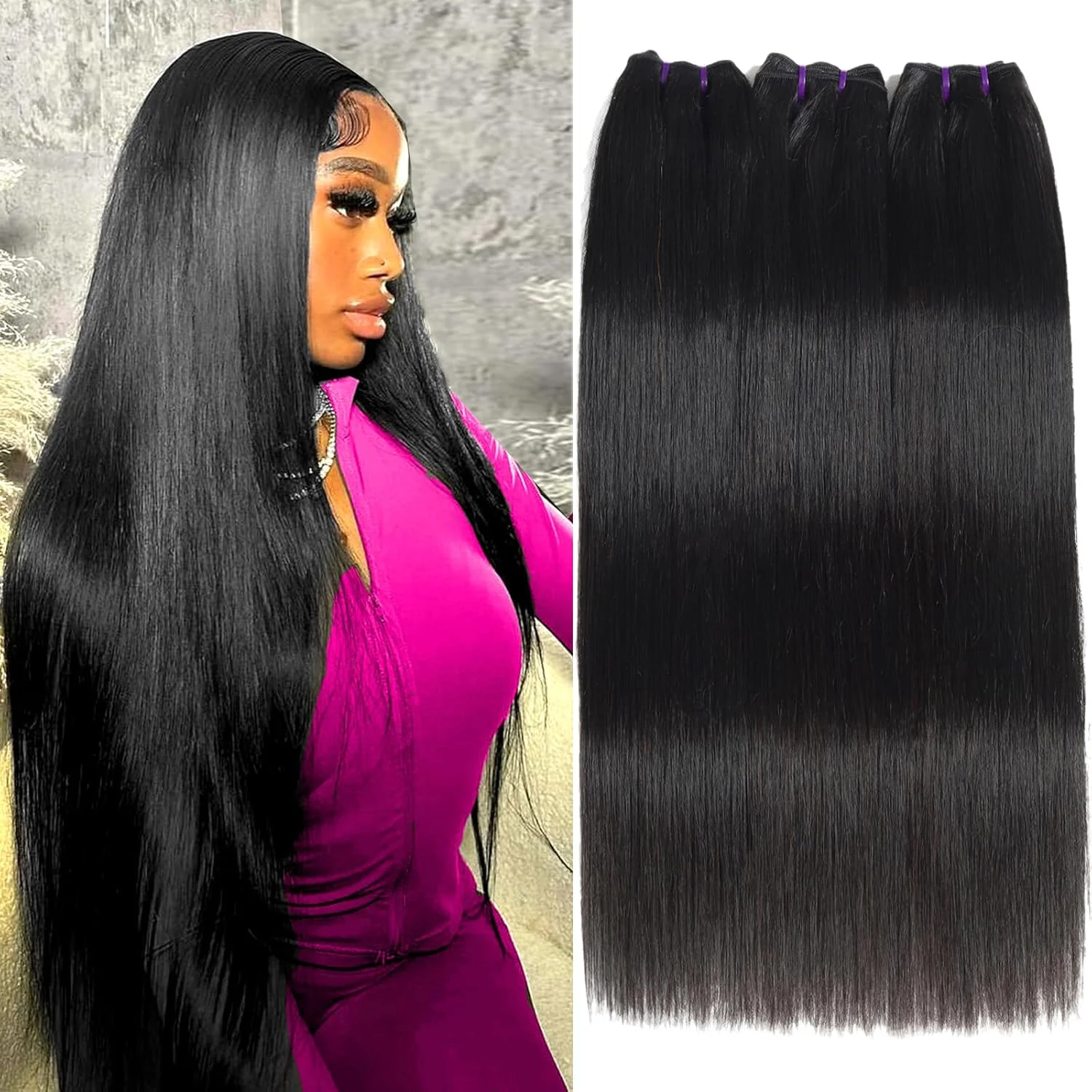 بسته های موی صاف و ضخیم Queen Beauty (22 22 22 اینچ) 100% موی طبیعی و دست نخورده، بافت سریع، 3 بسته اکستنشن موی ریمی، رنگ طبیعی