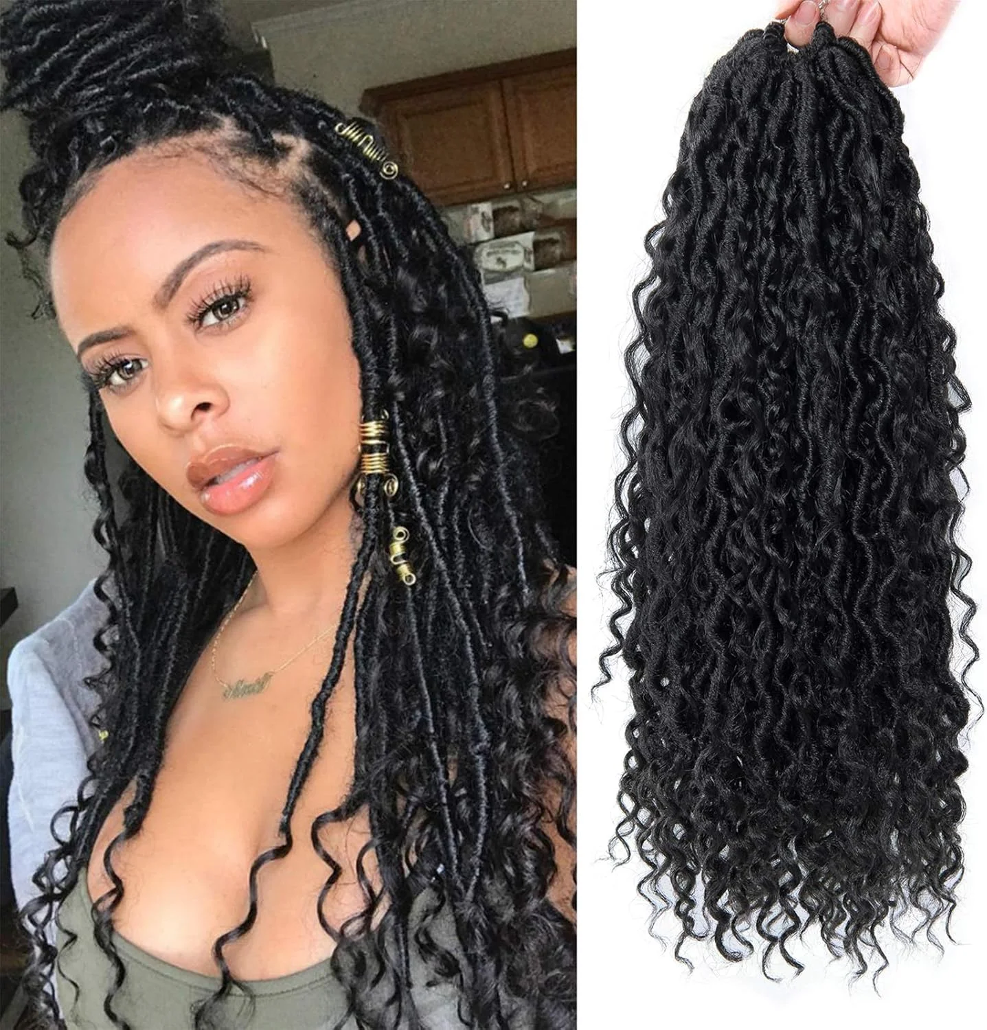 اکستنشن موی بافت الهه ای مدل Goddess Locs، از پیش حلقه شده، فر و موج دار (بسته 4 عددی، رنگ 1B)