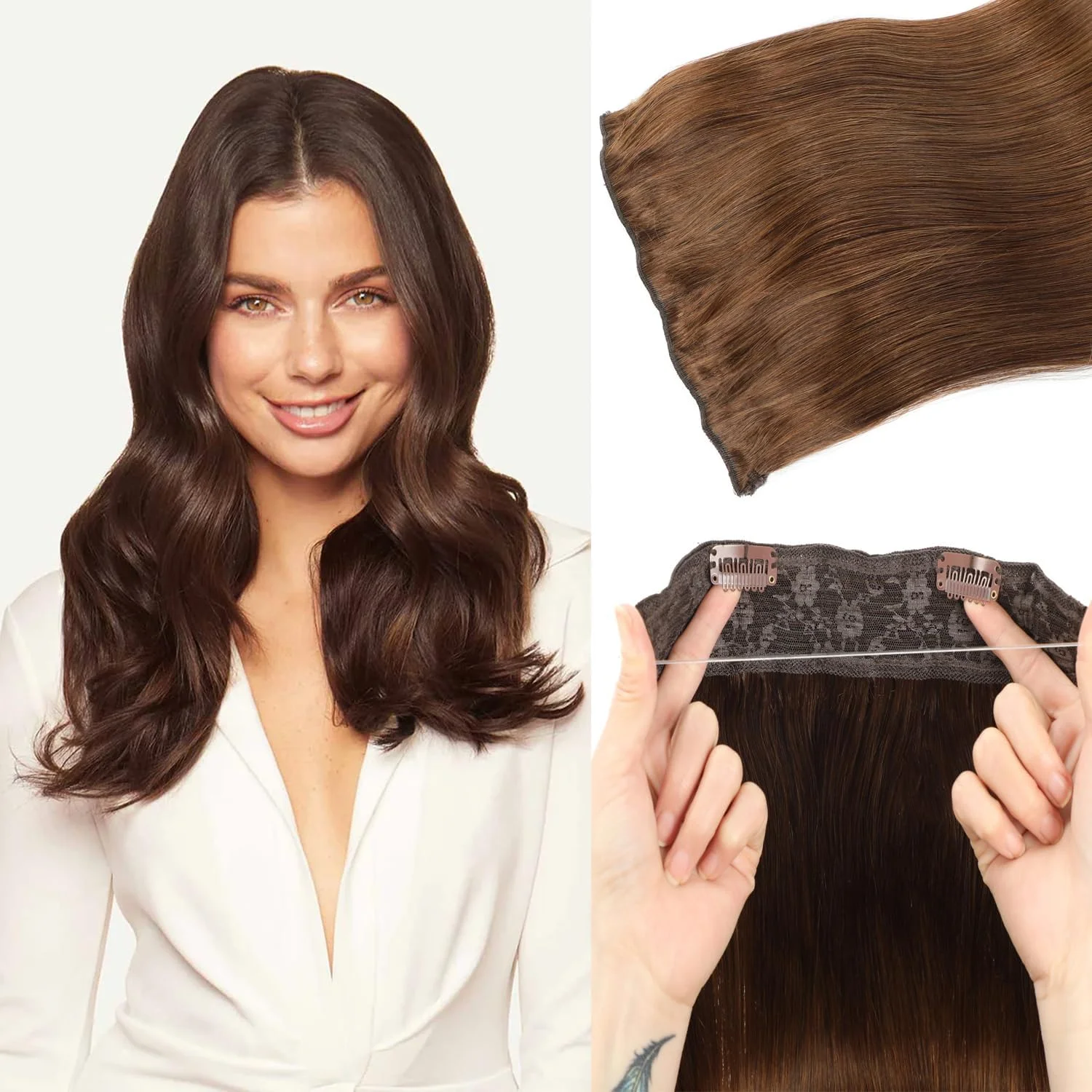اکستنشن موی طبیعی Beroyal، رنگ قهوه ای شکلاتی، 50 سانتی متر، اکستنشن موی صاف برای زنان، اکستنشن موی سیمی مخفی با سیم ماهیگیری نامرئی