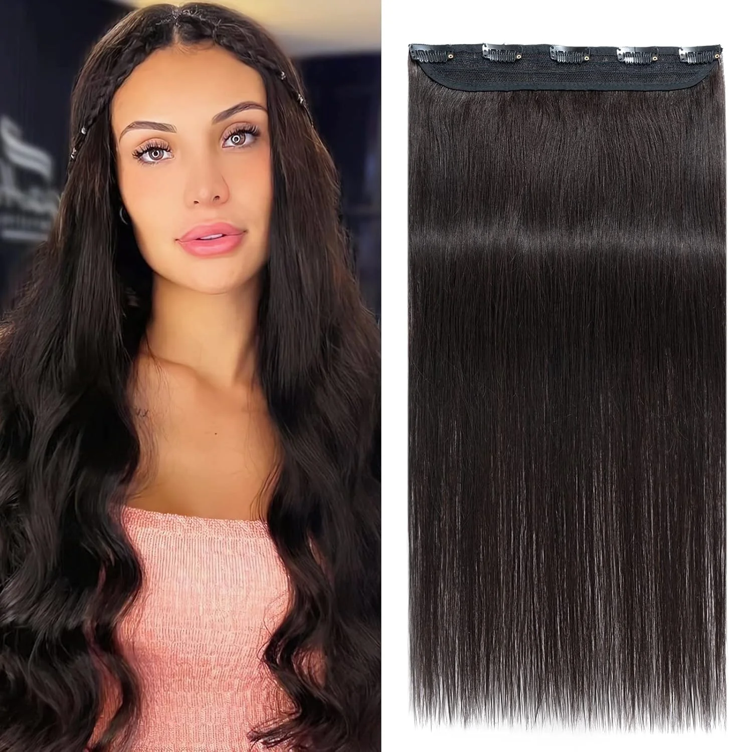 اکستنشن مو کلیپسی Benehair موی طبیعی مشکی صاف سه چهارم سر کامل 5 گیره 18 اینچ یک تکه برای خانم ها با موهای نازک مشکی طبیعی #1B