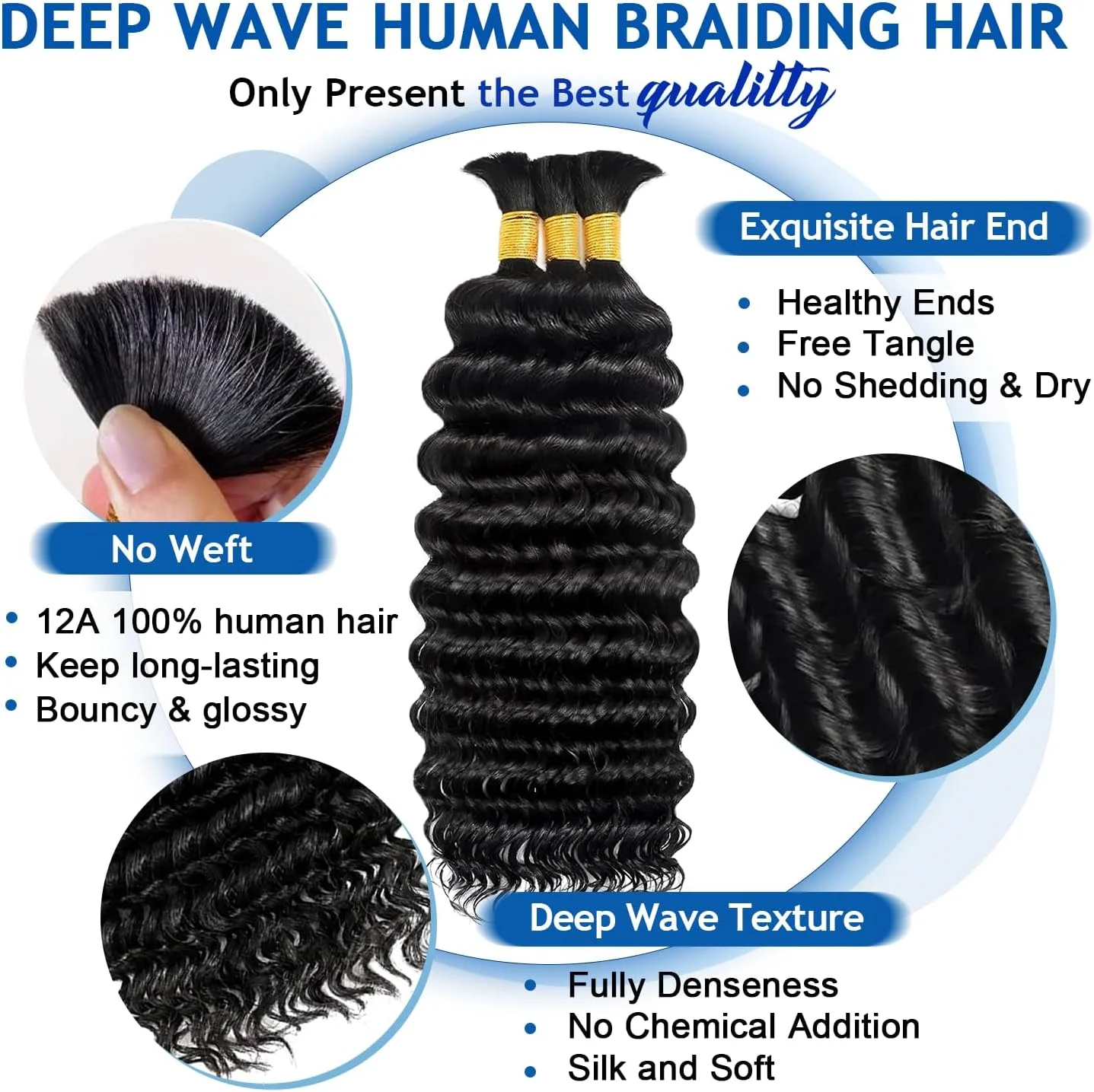 مو بافت موی طبیعی BIZVUS برای بافت بوهو 120 گرم، موی بوهو موج دار عمیق برای بافت بدون گره، 3 بسته موی فله ای فر بوهمی درجه 12A، اکستنشن موی طبیعی 100% فرآوری نشده برزیلی، رنگ طبیعی 40 سانتی متر