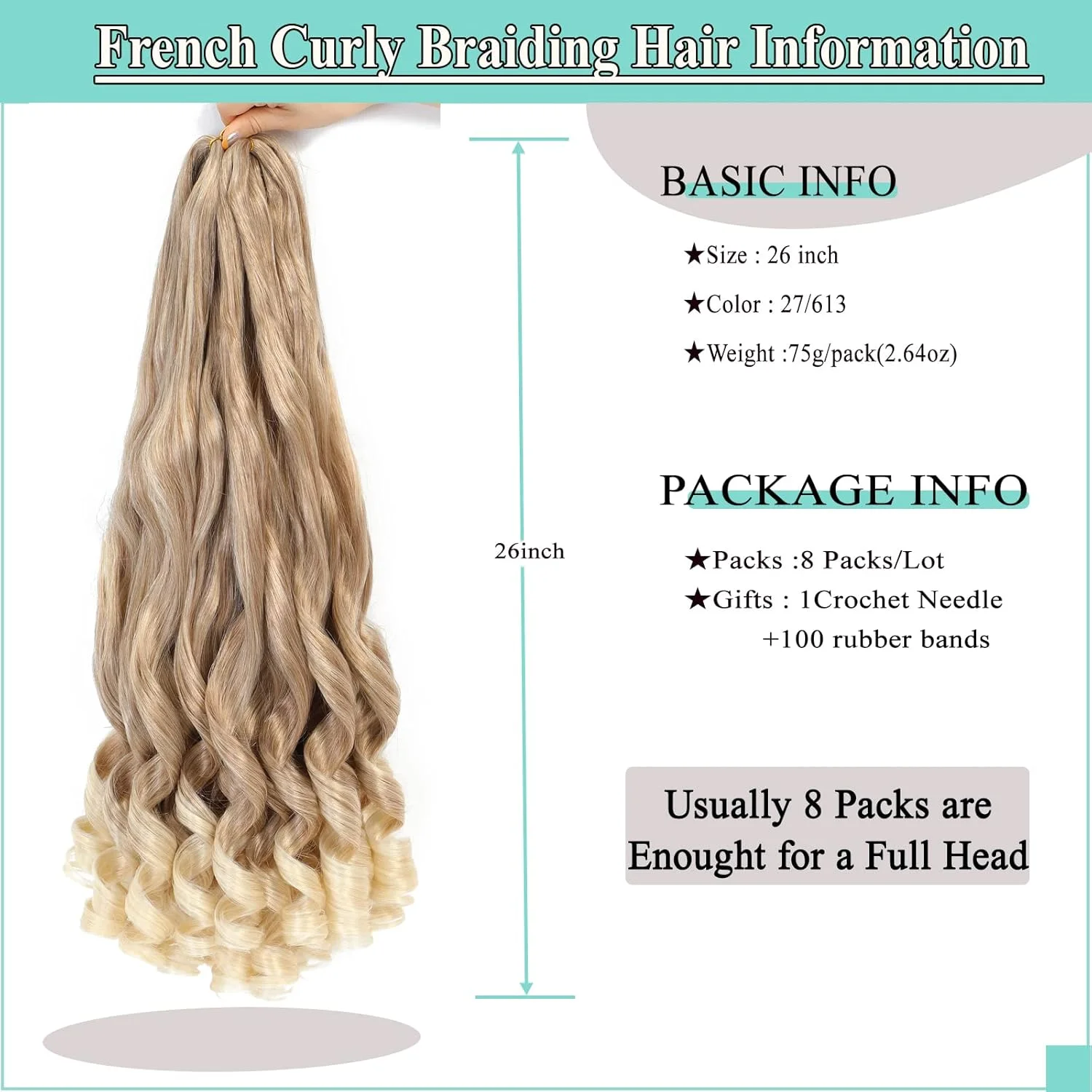 موهای بافت فرانسوی فر بلوند عسلی، 8 بسته 26 اینچی، رنگ 27/613، موهای بافت آمبره فر از قبل کشیده شده برای بافت موی الهه، فر فنری، بافت کروشه موج دار شل برای زنان سیاه پوست