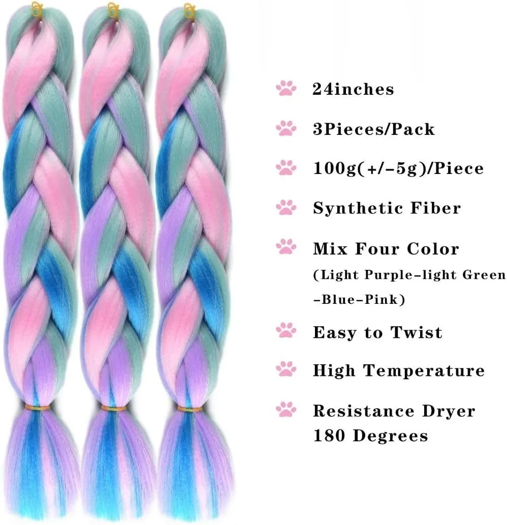 موهای بافتنی جامبو برای زنان، اکستنشن موی چهار رنگ ترکیبی برای بافت مو، اکستنشن موی الیاف مصنوعی رنگین کمانی 24 اینچی برای بافت موی جعبه ای (بنفش روشن/سبز روشن/آبی/صورتی - 3 عدد)