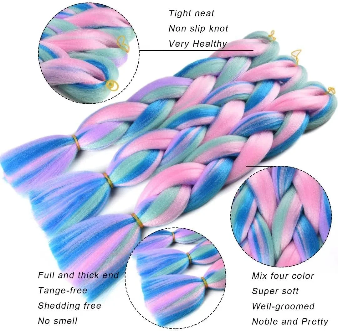 موهای بافتنی جامبو برای زنان، اکستنشن موی چهار رنگ ترکیبی برای بافت مو، اکستنشن موی الیاف مصنوعی رنگین کمانی 24 اینچی برای بافت موی جعبه ای (بنفش روشن/سبز روشن/آبی/صورتی - 3 عدد)