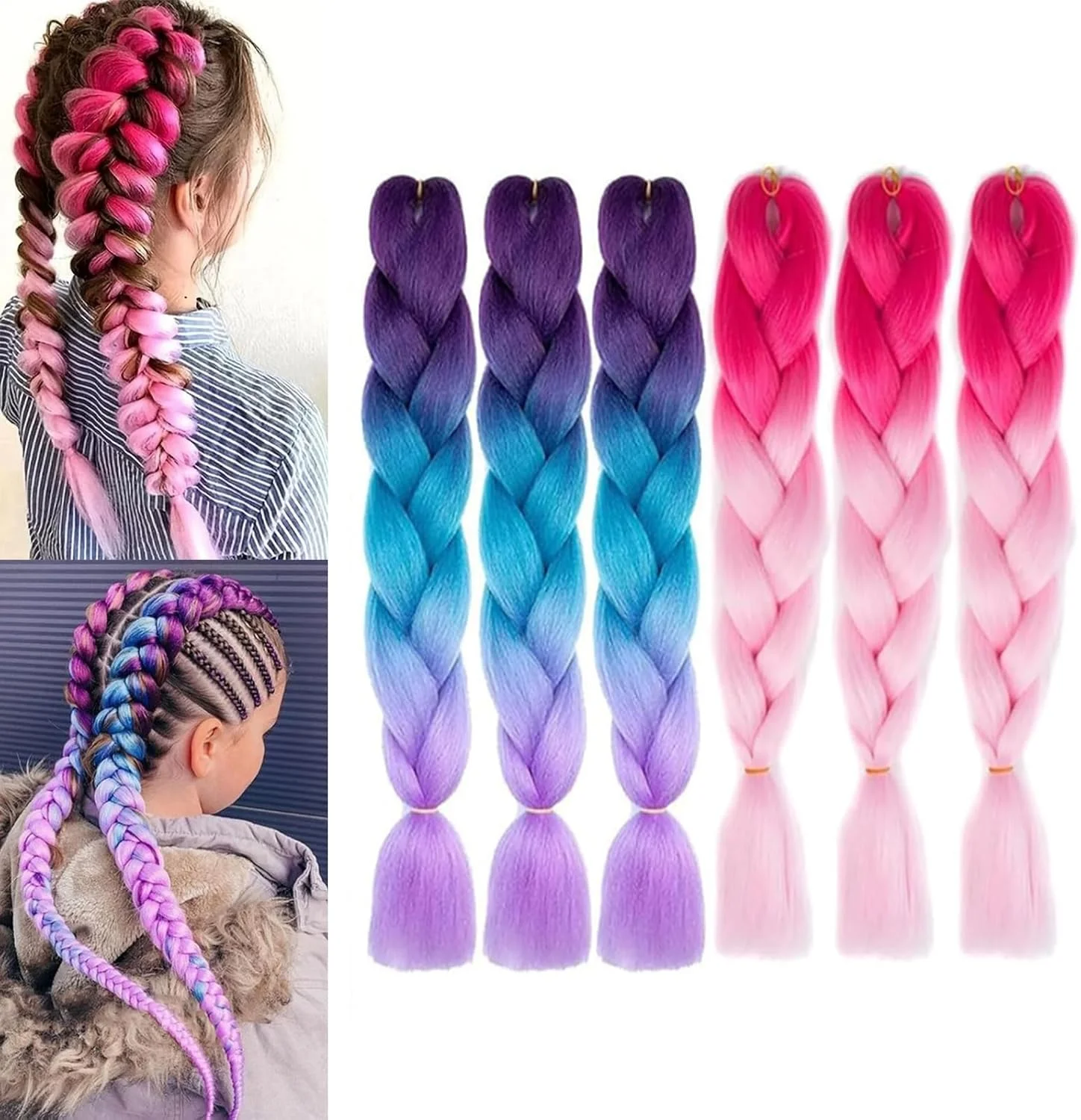 مو بافتنی جامبو 6 عددی 60 سانتی‌متری، اکستنشن‌های بافتنی از پیش کشیده شده، بافت‌های کروشه مصنوعی برای دختران، کودکان، زنان، مدل موی بافتنی مهمانی هالووین، موی رنگارنگ