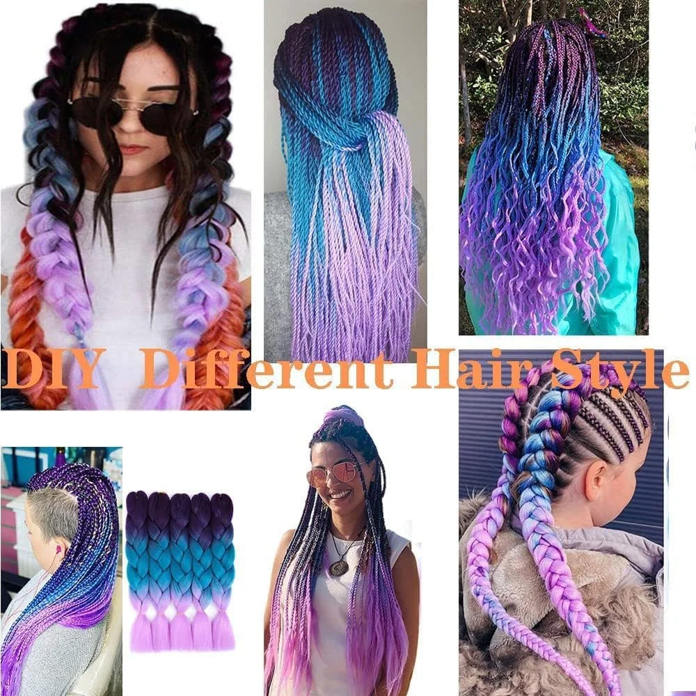 مو بافتنی جامبو 6 عددی 60 سانتی‌متری، اکستنشن‌های بافتنی از پیش کشیده شده، بافت‌های کروشه مصنوعی برای دختران، کودکان، زنان، مدل موی بافتنی مهمانی هالووین، موی رنگارنگ