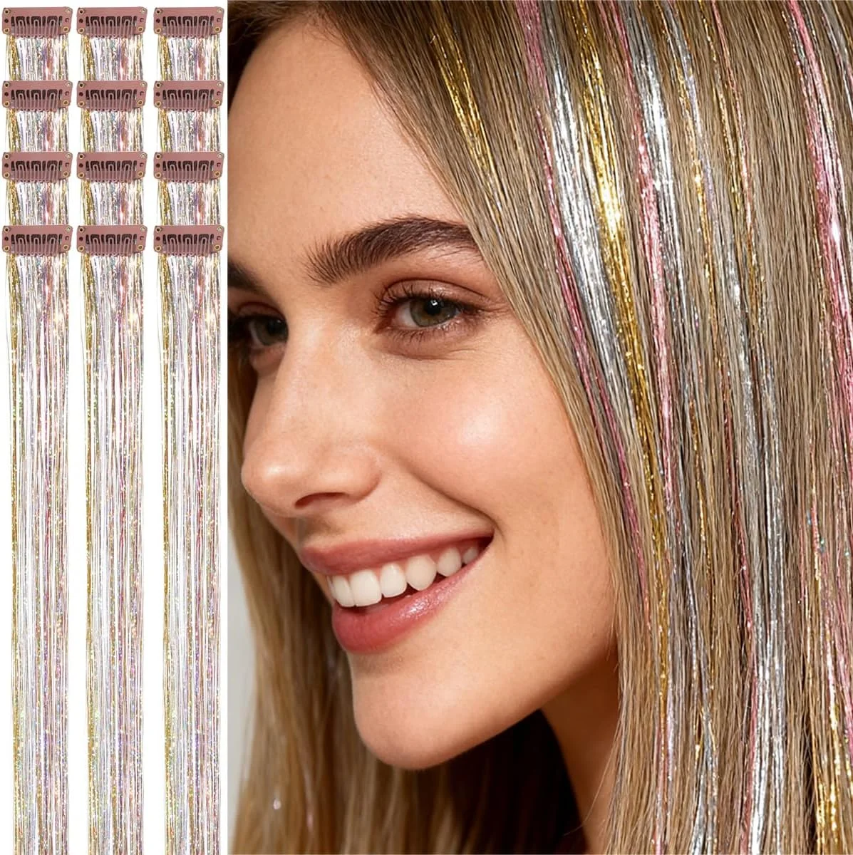اکستنشن مو گیره ای براق CelineBella طرح کهکشان مناسب مهمانی، جشن و فستیوال (بسته 12 عددی 24 اینچی، طرح کهکشان)