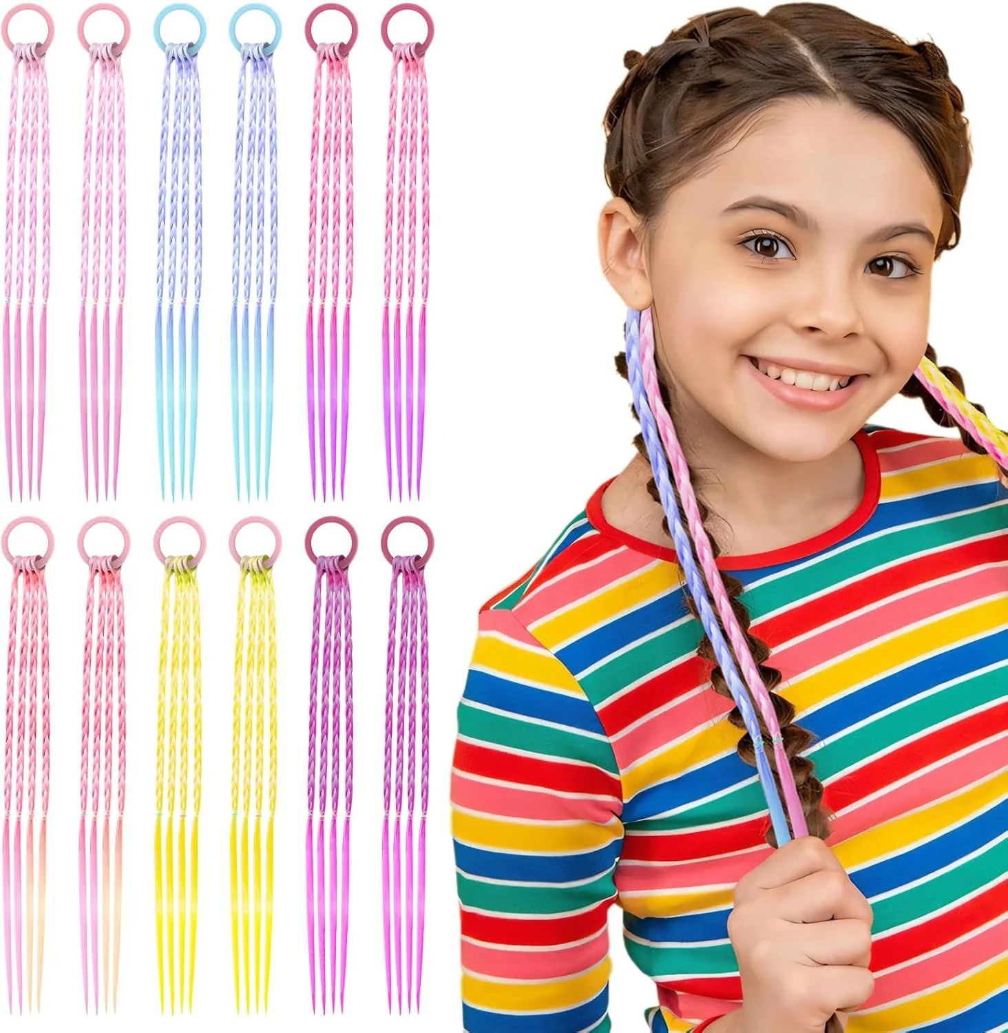 ۱۲ عدد اکستنشن موی بافت رنگارنگ بچه گانه، لوازم جانبی مو برای دختران، اکستنشن موی رنگین کمانی برای مهمانی تولد دخترانه