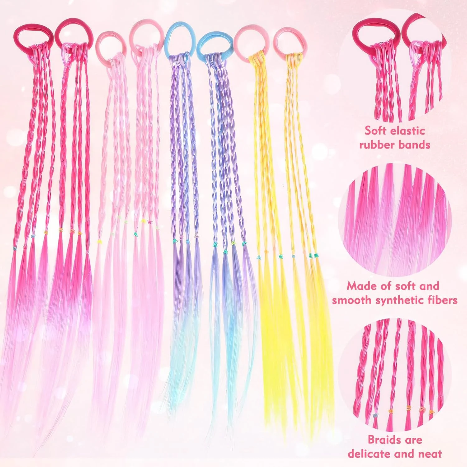 ۱۲ عدد اکستنشن موی بافت رنگارنگ بچه گانه، لوازم جانبی مو برای دختران، اکستنشن موی رنگین کمانی برای مهمانی تولد دخترانه
