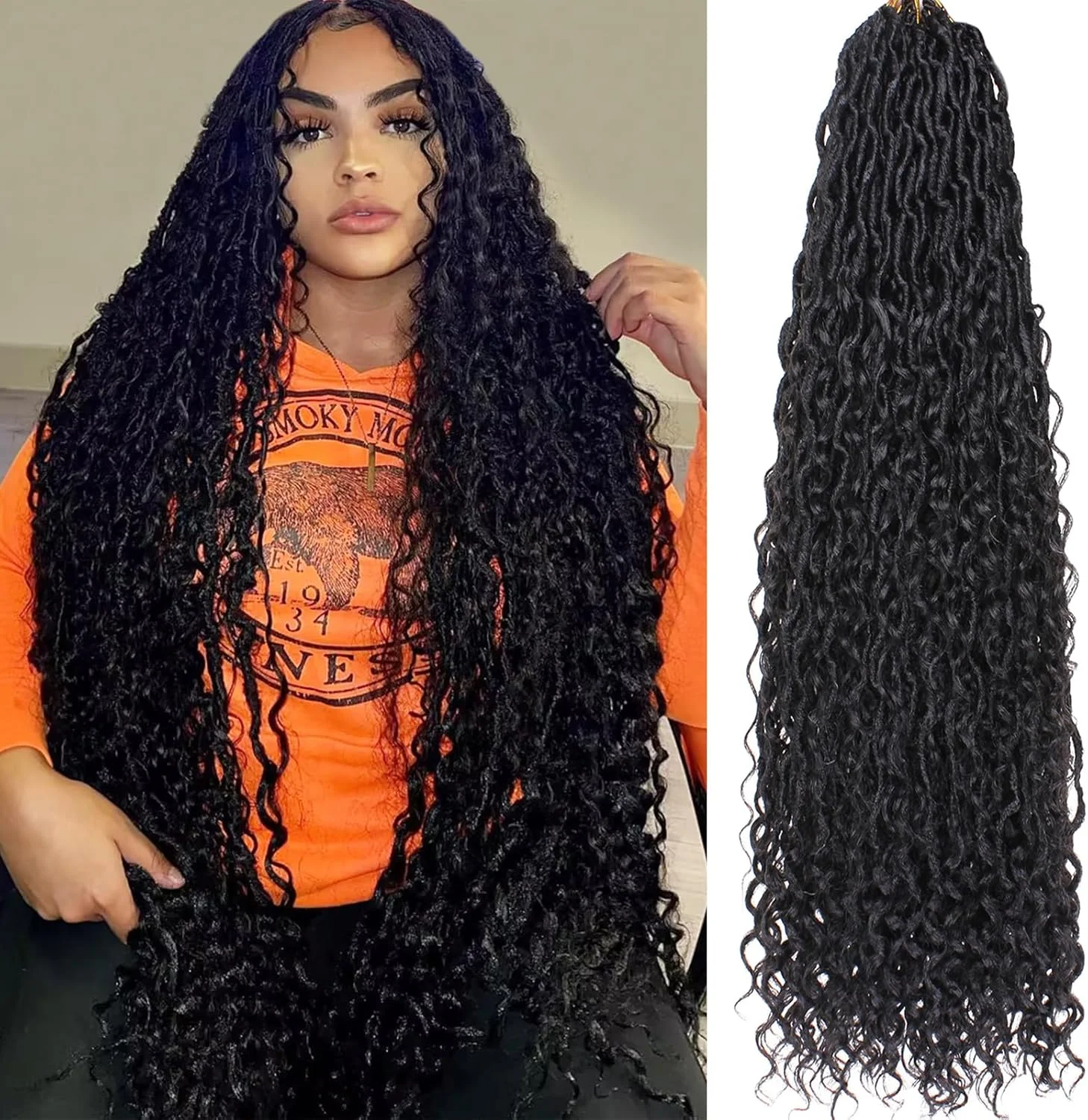 موهای بافت کروکویی کوکو مدل Goddess Locs از جنس الیاف مصنوعی مشکی طبیعی 75 سانتی‌متری، 8 بسته موی بافته‌شده از قبل گره‌خورده با انتهای فر، مناسب برای خانم‌ها