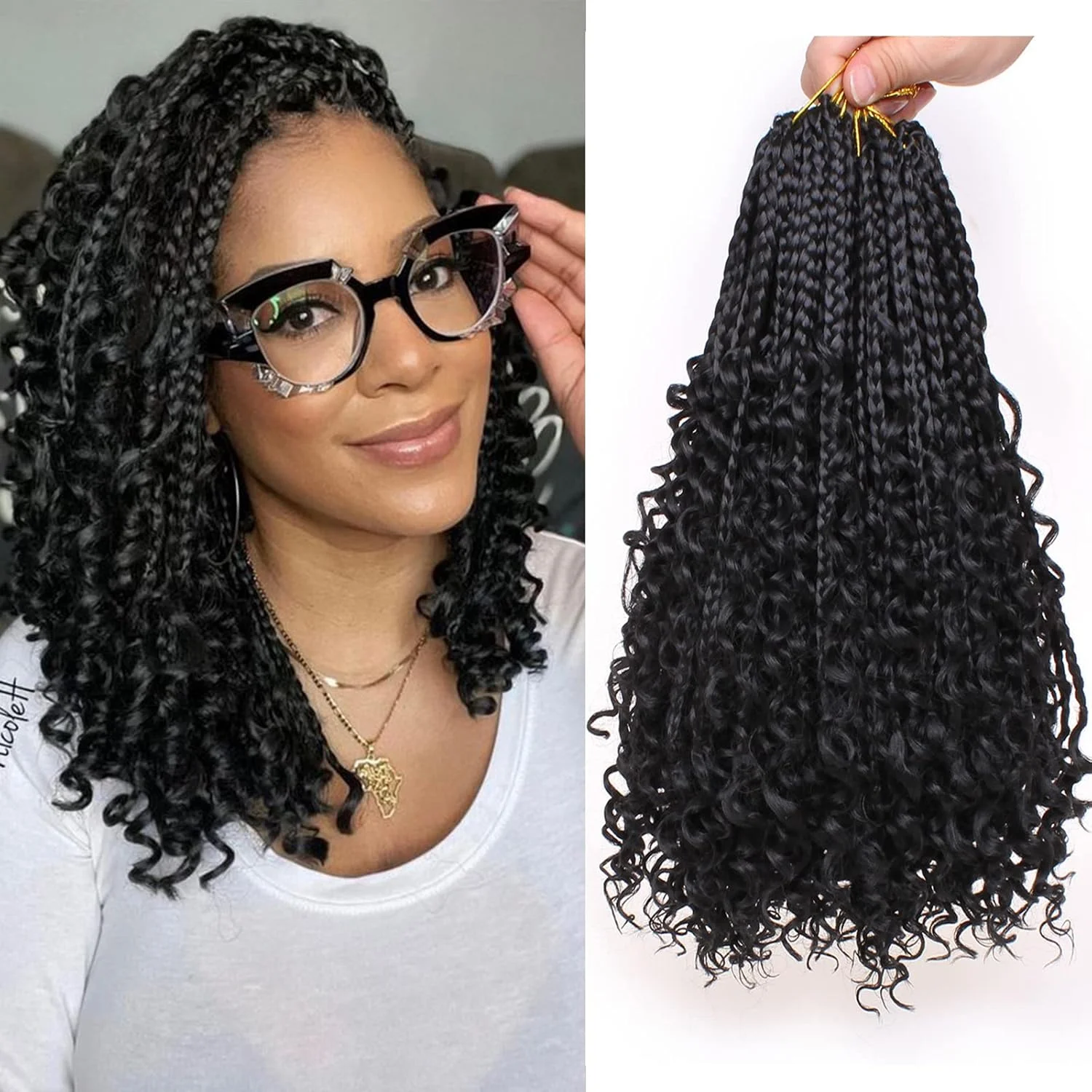 موهای بافت مدل Cookoo Goddess Box Braids قلاب بافی 14 اینچی برای زنان رنگین پوست، 8 بسته موی بافته مصنوعی بدون گره، با انتهای فرفری و پیچ خورده، مناسب بافت موی پروانه ای به سبک بوهمی، 128 رشته، رنگ 1B#