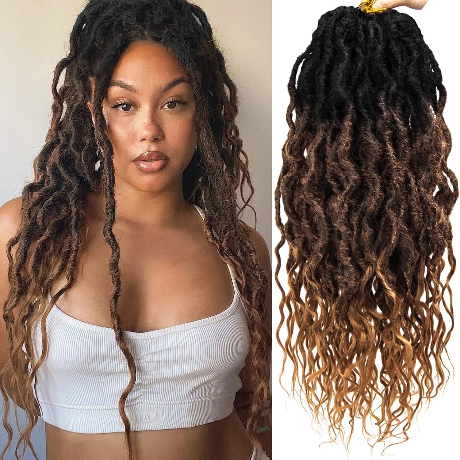 موهای بافت کروشه ای مدل Goddess Locs با طول 60 سانتی متر، بافت های کروشه ای با انتهای فرفری، اکستنشن موی بافت مصنوعی (60 سانتی متر، 1B/4/30)